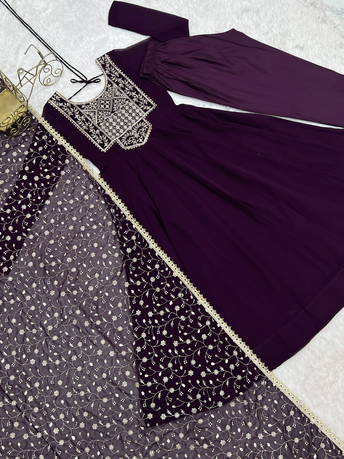 Plum Purple Fox Georgette Embroidered Anarkali Suit Set with Dupatta