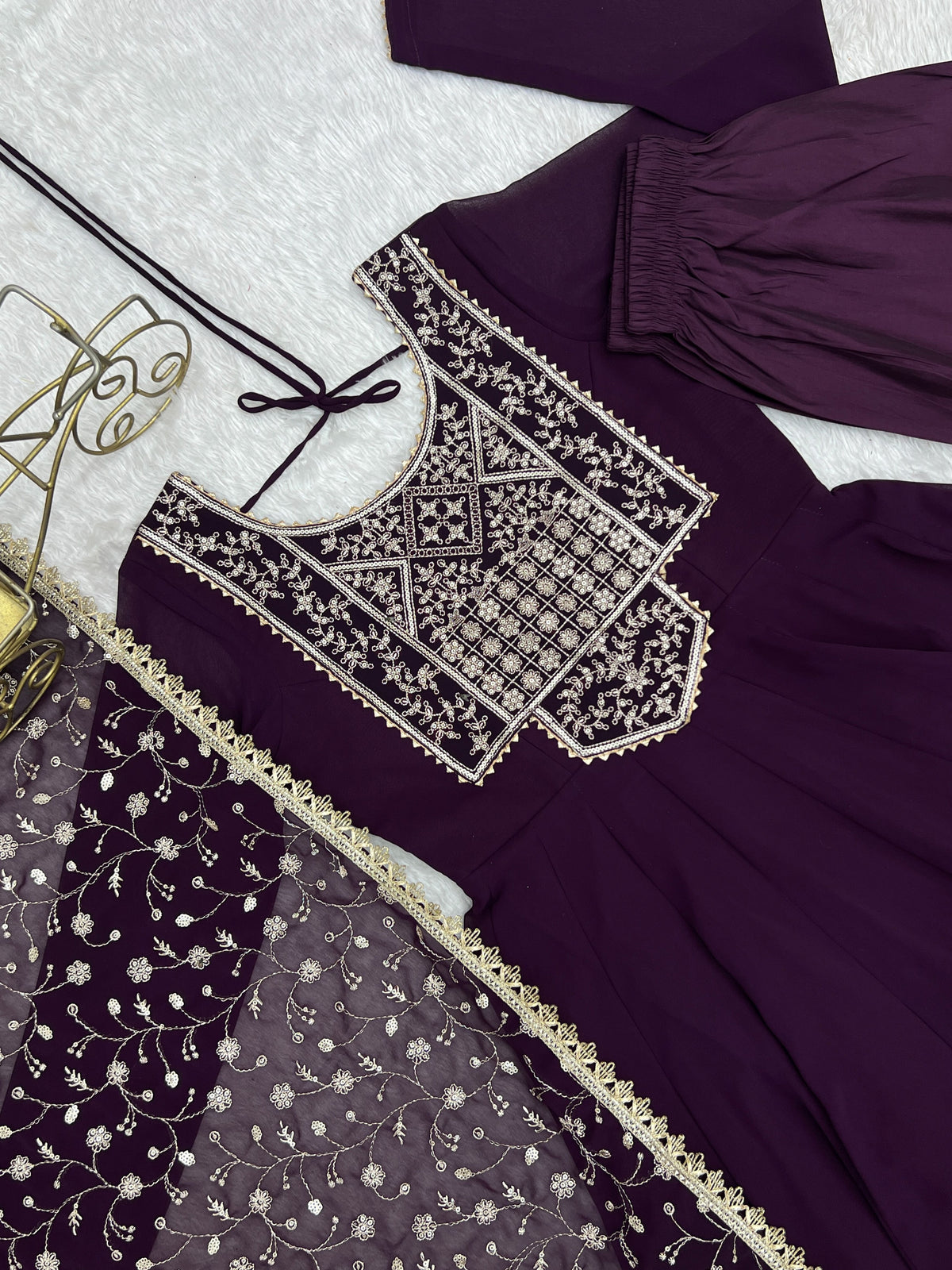 Plum Purple Fox Georgette Embroidered Anarkali Suit Set with Dupatta