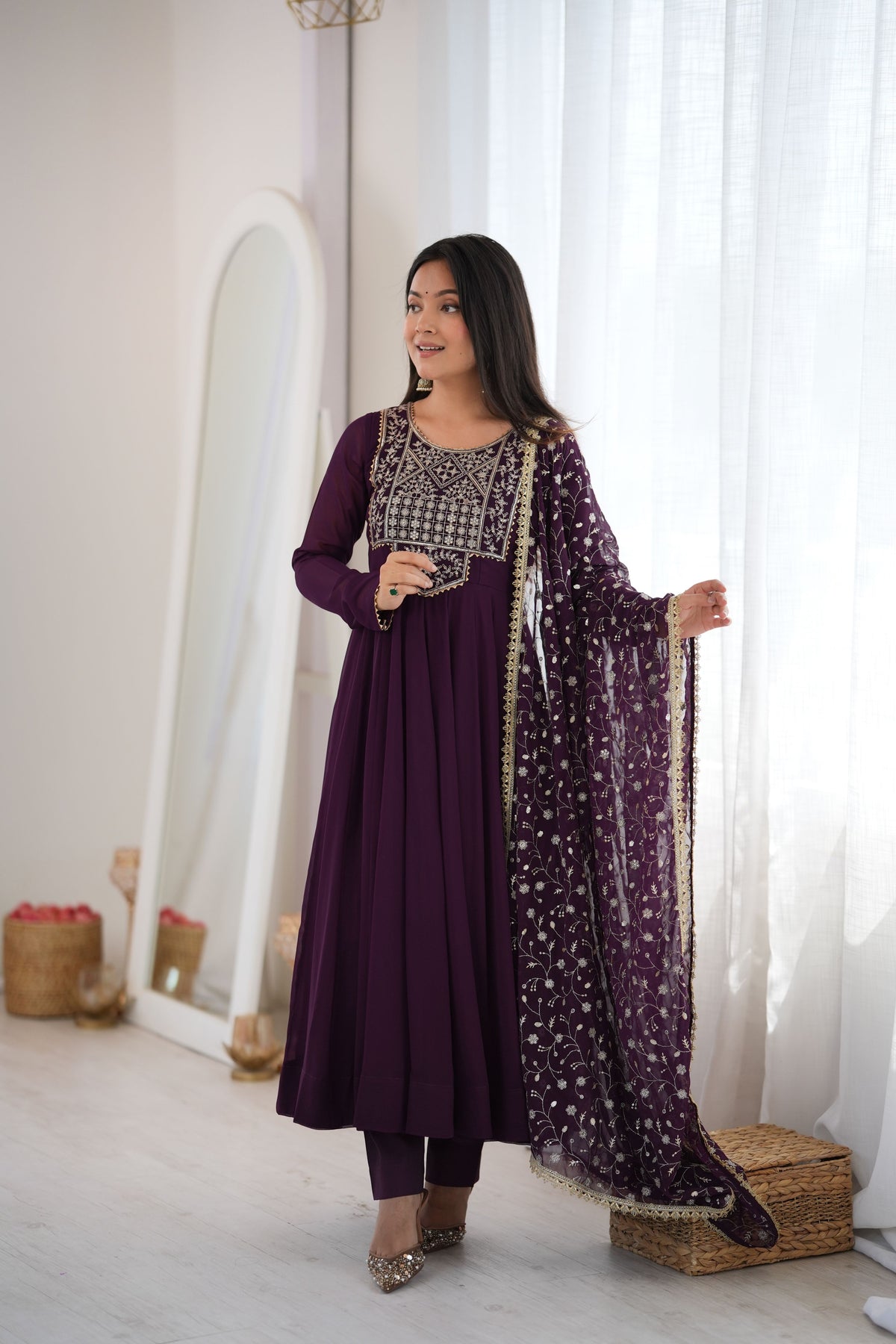 Plum Purple Fox Georgette Embroidered Anarkali Suit Set with Dupatta