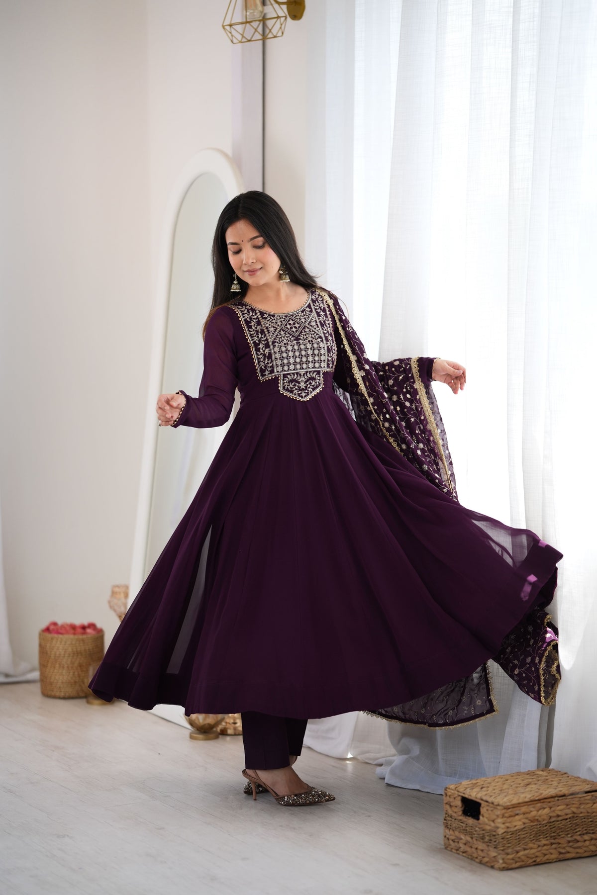 Plum Purple Fox Georgette Embroidered Anarkali Suit Set with Dupatta