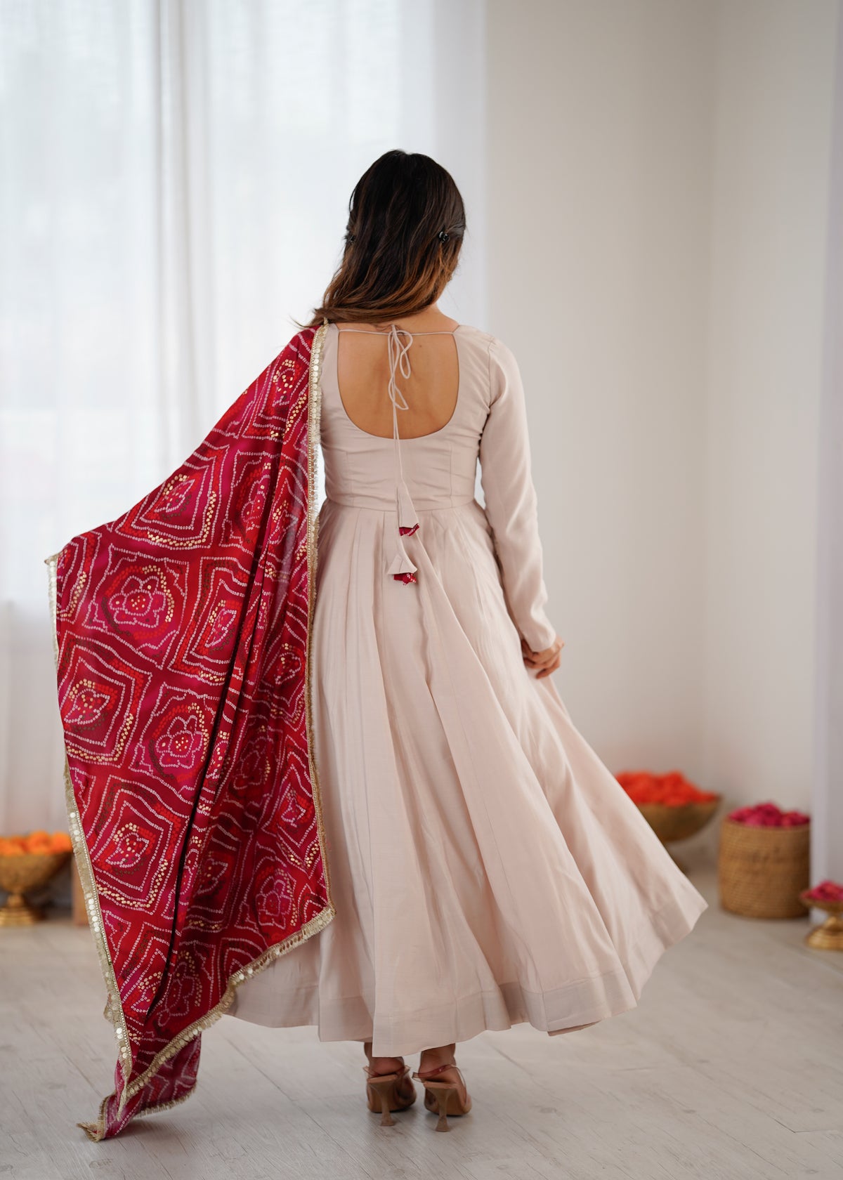 Wine Red Roman Cotton Embroidered Anarkali Gown Set with Dupatta & Pant