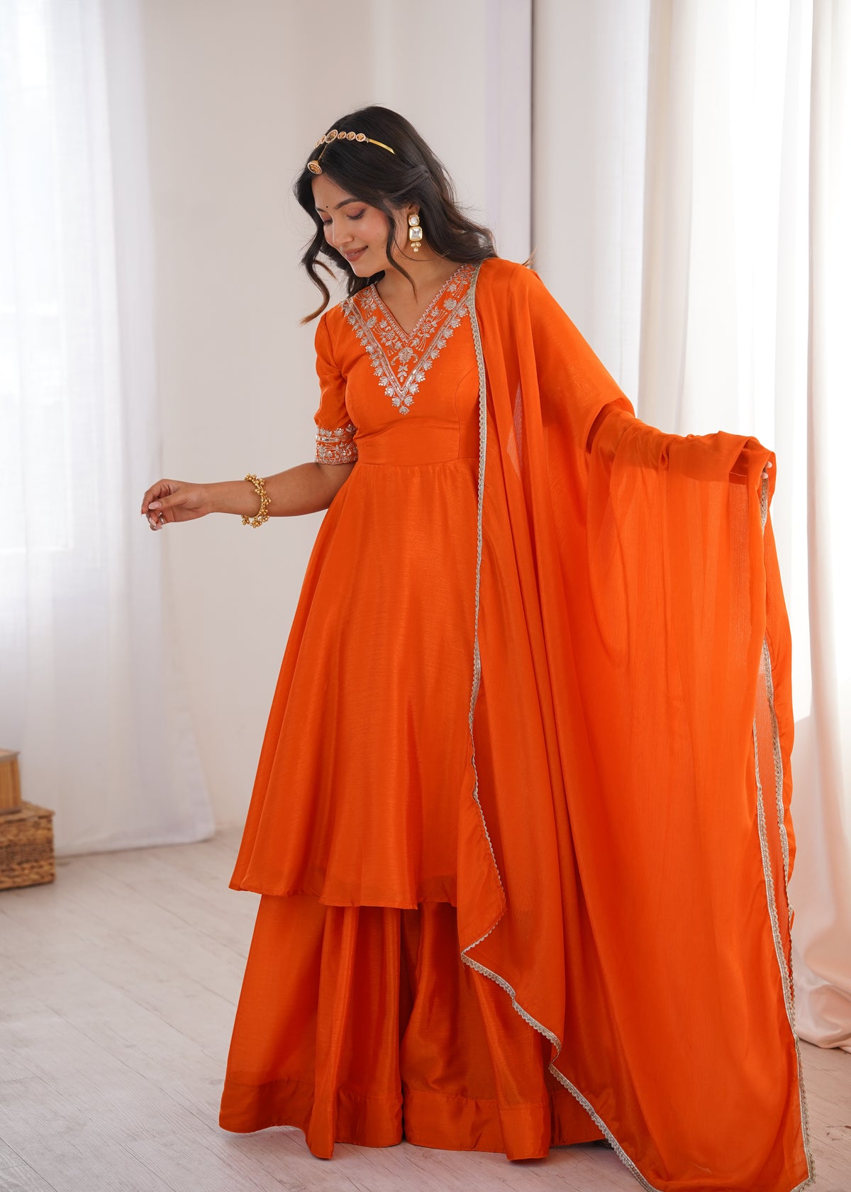 Orange Chinon Silk Embroidered Plazo Suit Set with Lace Dupatta