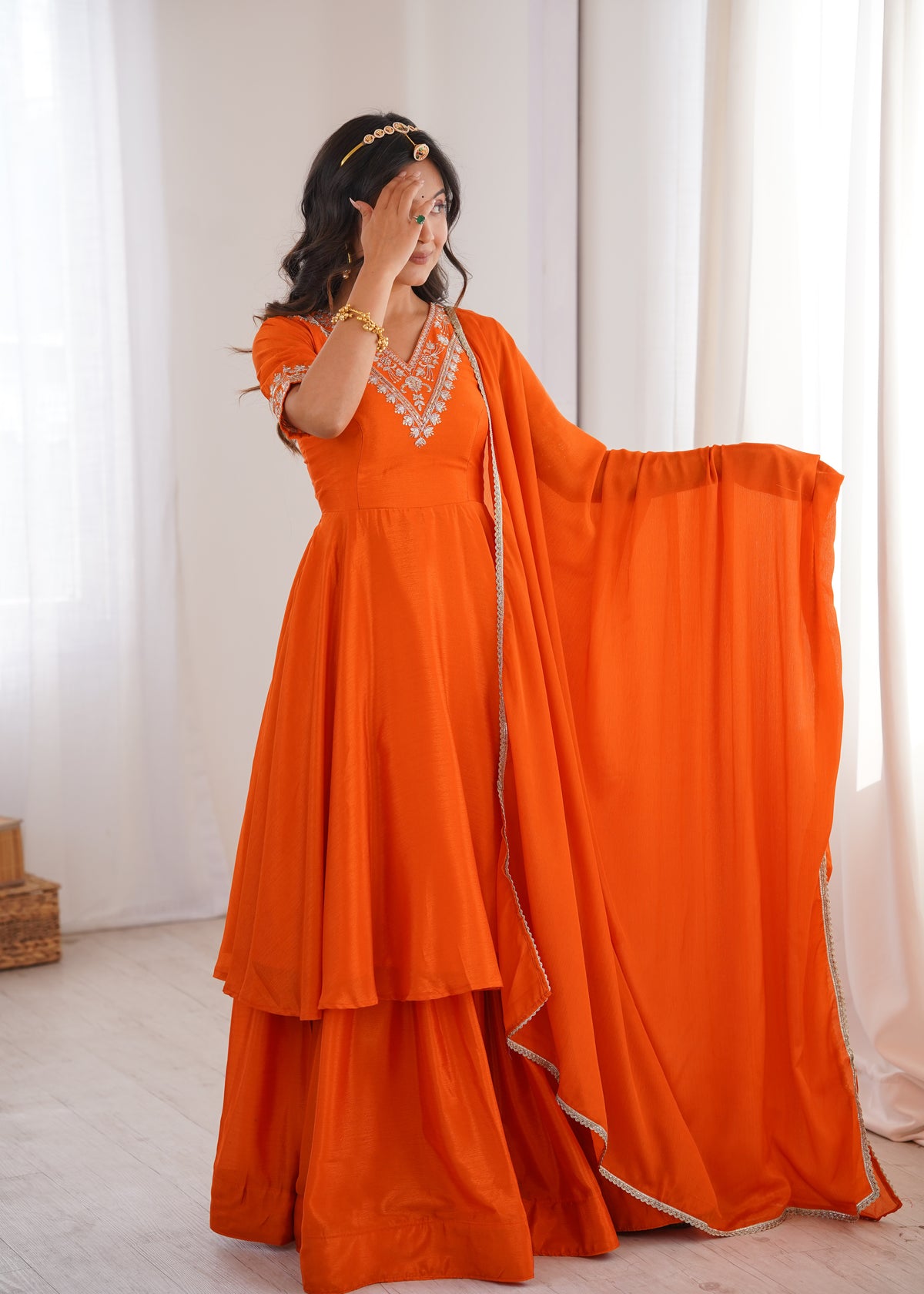 Orange Chinon Silk Embroidered Plazo Suit Set with Lace Dupatta
