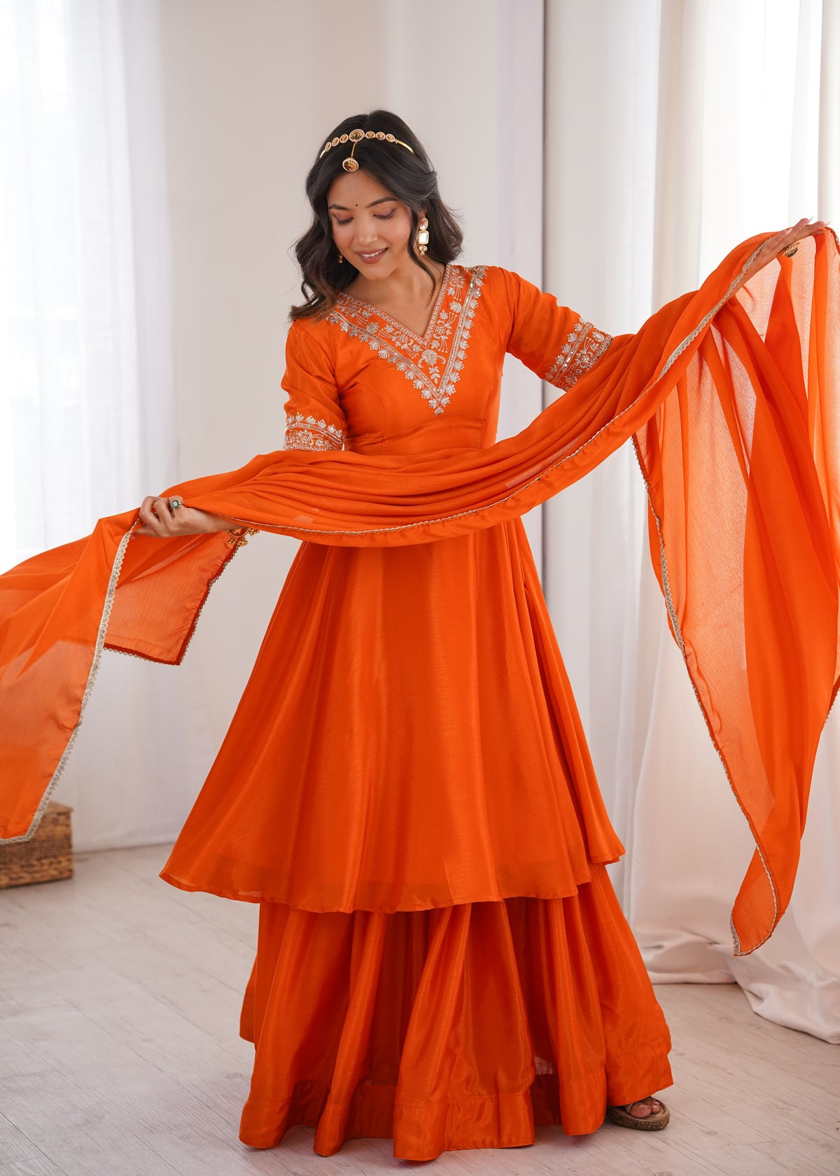 Orange Chinon Silk Embroidered Plazo Suit Set with Lace Dupatta