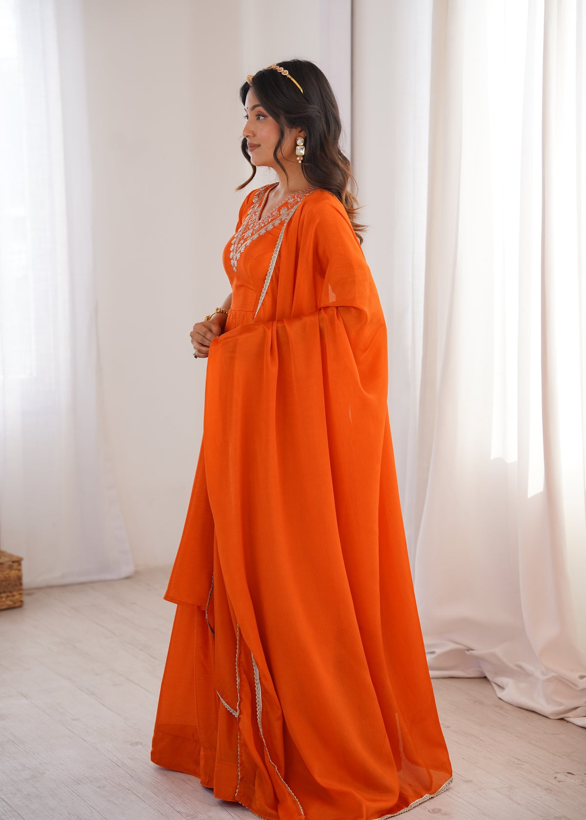 Orange Chinon Silk Embroidered Plazo Suit Set with Lace Dupatta
