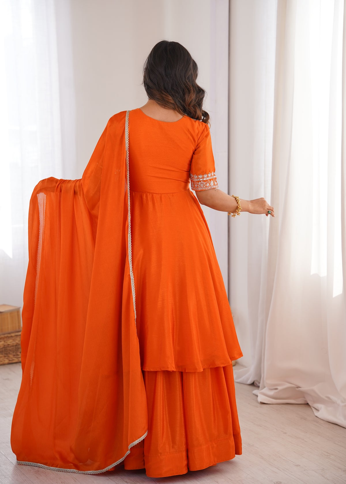 Orange Chinon Silk Embroidered Plazo Suit Set with Lace Dupatta