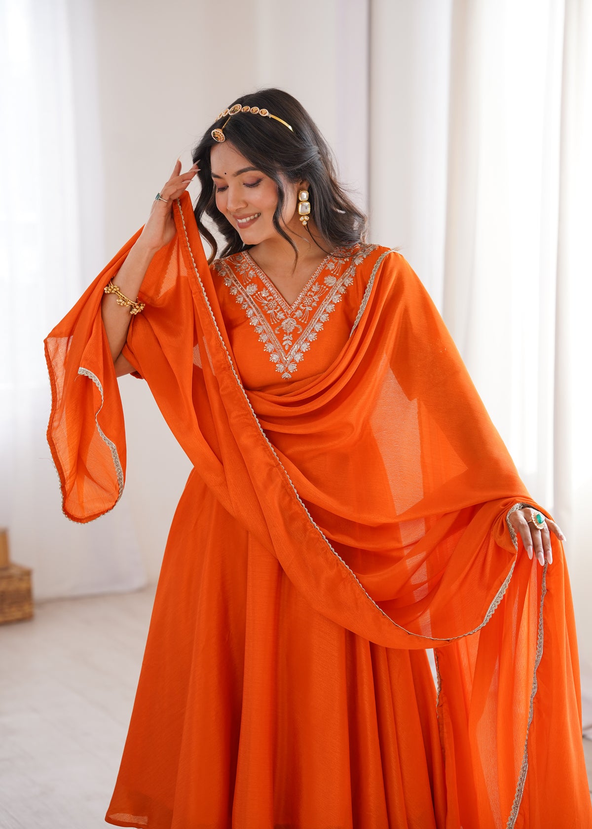 Orange Chinon Silk Embroidered Plazo Suit Set with Lace Dupatta