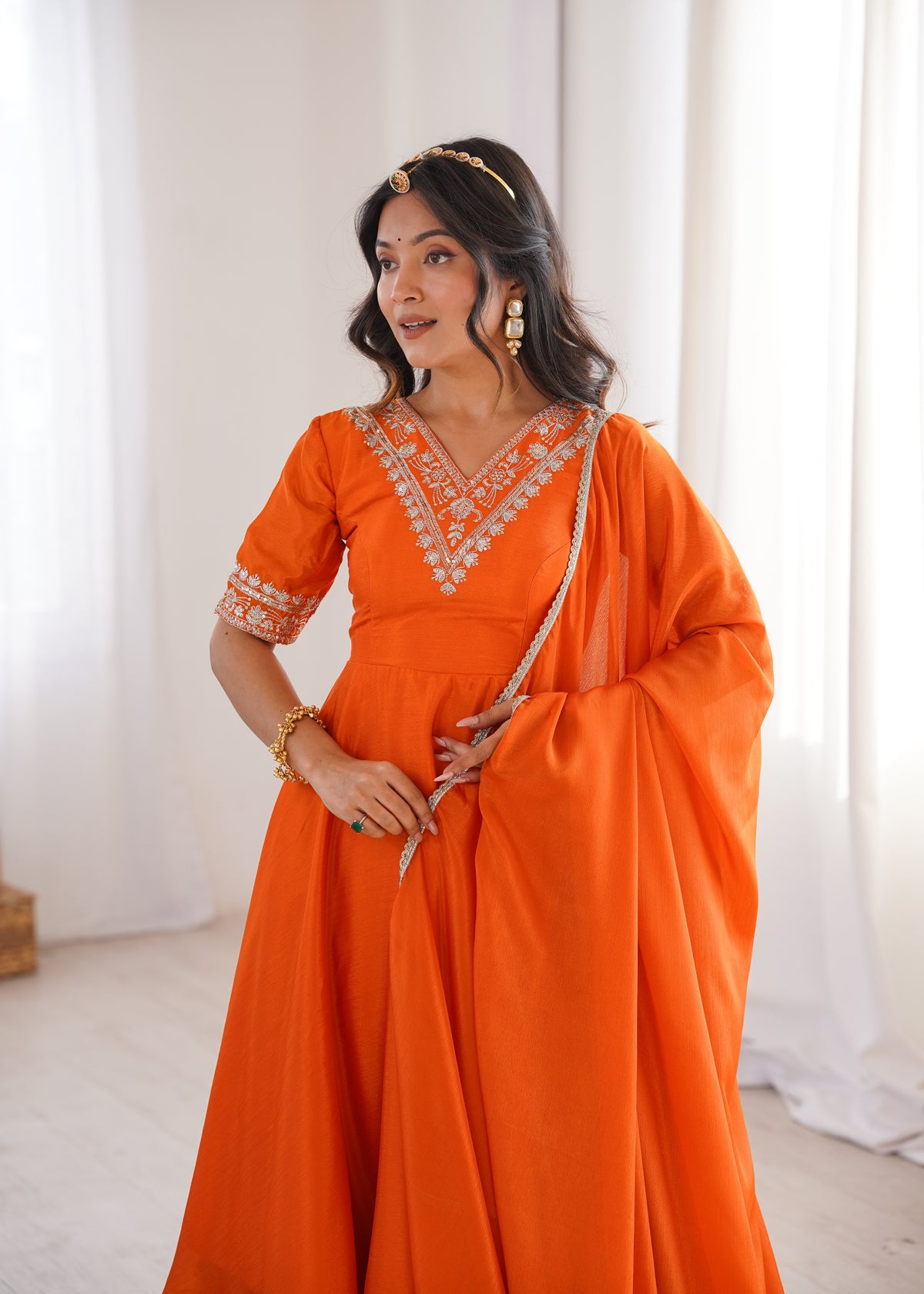 Orange Chinon Silk Embroidered Plazo Suit Set with Lace Dupatta