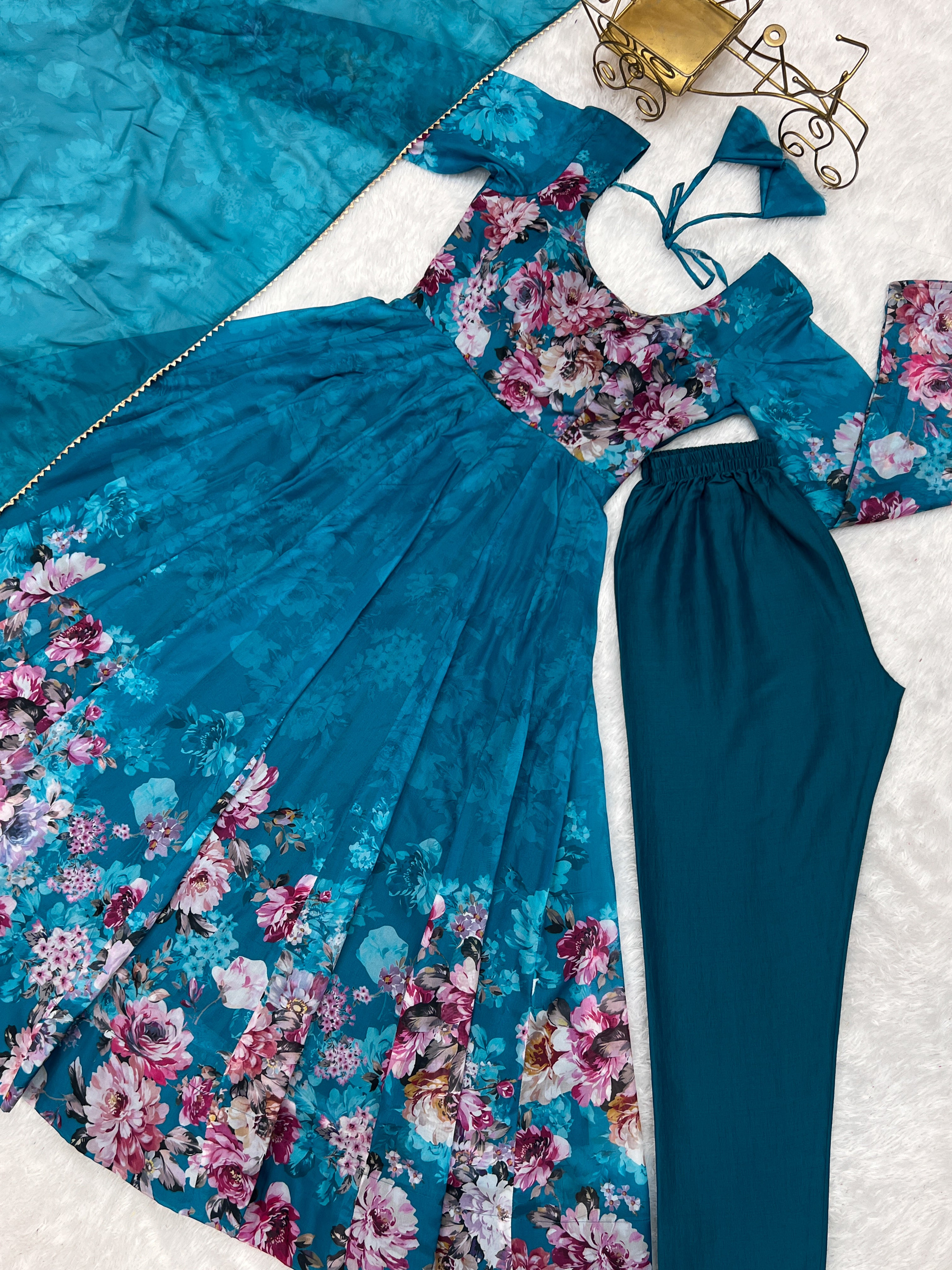 Rama Blue Organza Silk Floral Printed Anarkali Suit Set with Gota Patti Dupatta