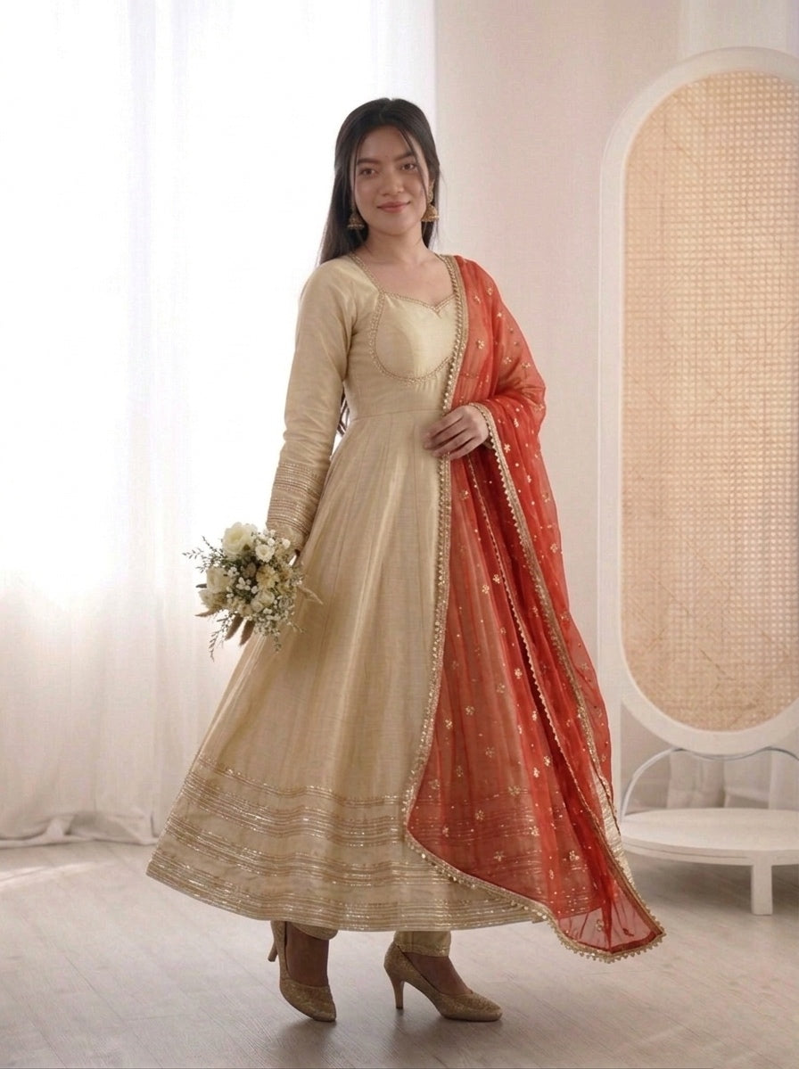 Champagne Gold Cosmos Gold Anarkali Suit Set with Heavy Lace Work & Rust Georgette Dupatta | Ready to Wear