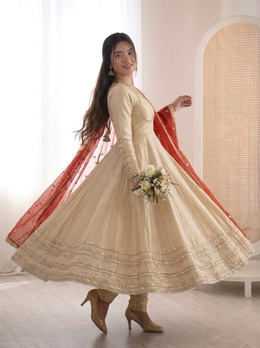 Champagne Gold Cosmos Gold Anarkali Suit Set with Heavy Lace Work & Rust Georgette Dupatta | Ready to Wear
