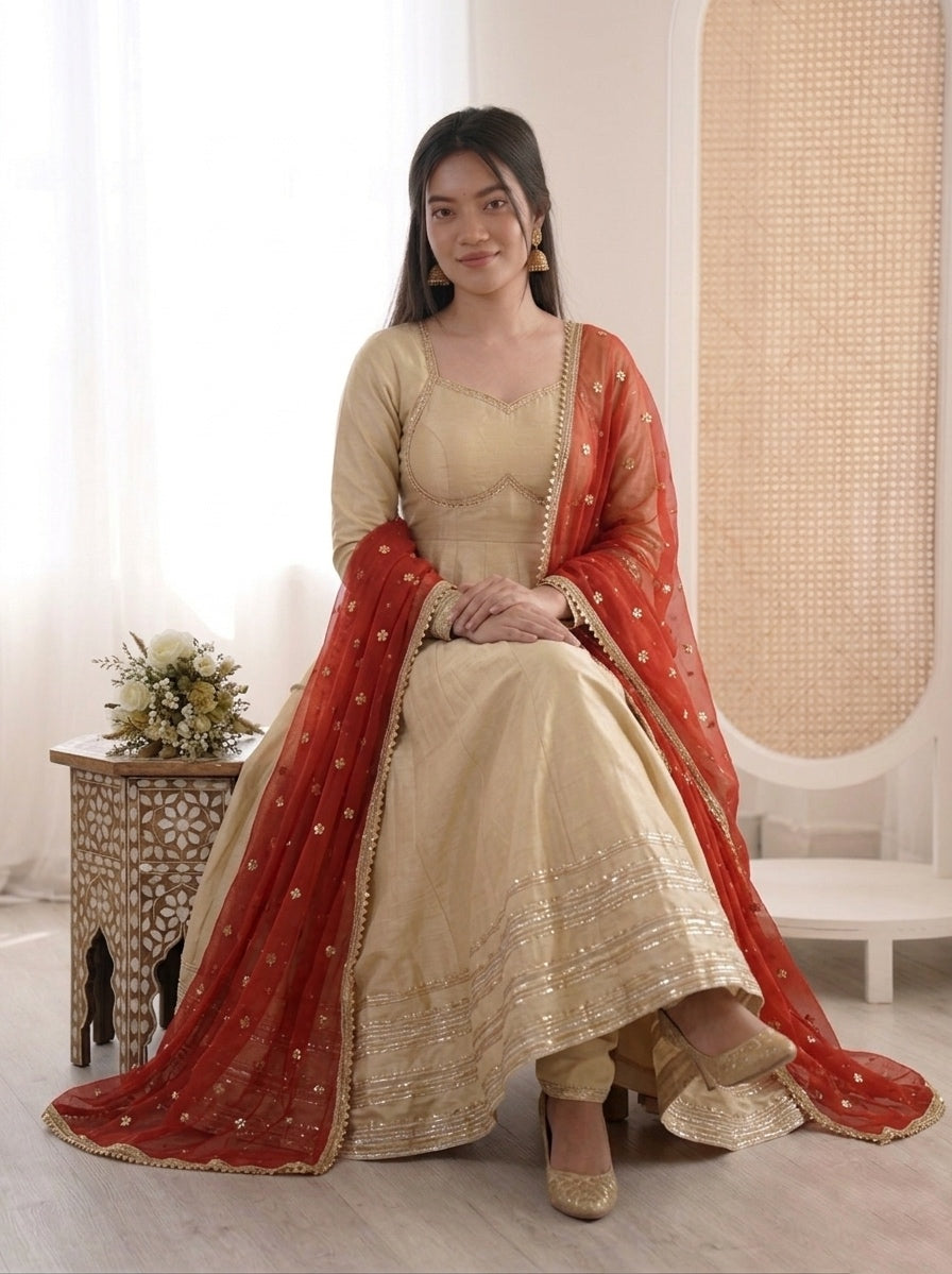 Champagne Gold Cosmos Gold Anarkali Suit Set with Heavy Lace Work & Rust Georgette Dupatta | Ready to Wear