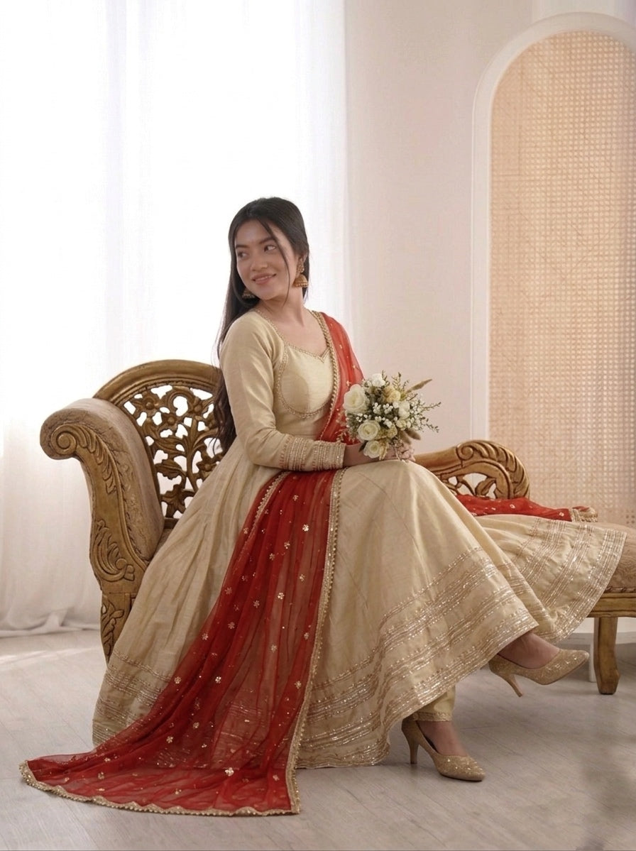 Champagne Gold Cosmos Gold Anarkali Suit Set with Heavy Lace Work & Rust Georgette Dupatta | Ready to Wear