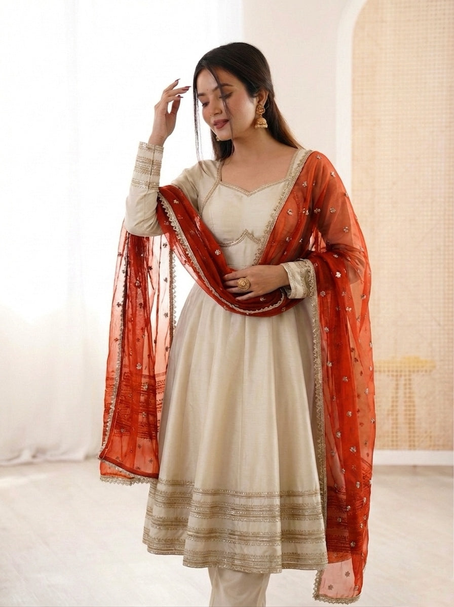 Champagne Gold Cosmos Gold Anarkali Suit Set with Heavy Lace Work & Rust Georgette Dupatta | Ready to Wear