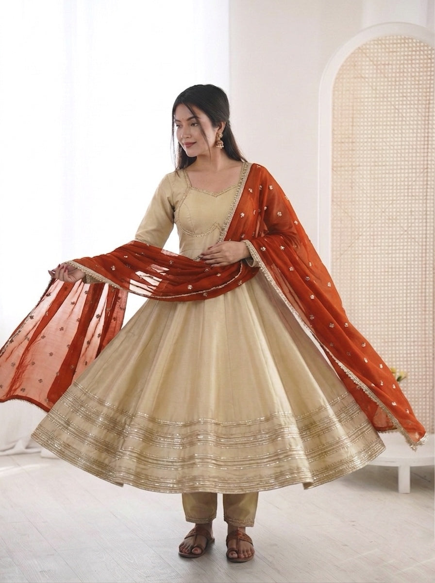 Champagne Gold Cosmos Gold Anarkali Suit Set with Heavy Lace Work & Rust Georgette Dupatta | Ready to Wear