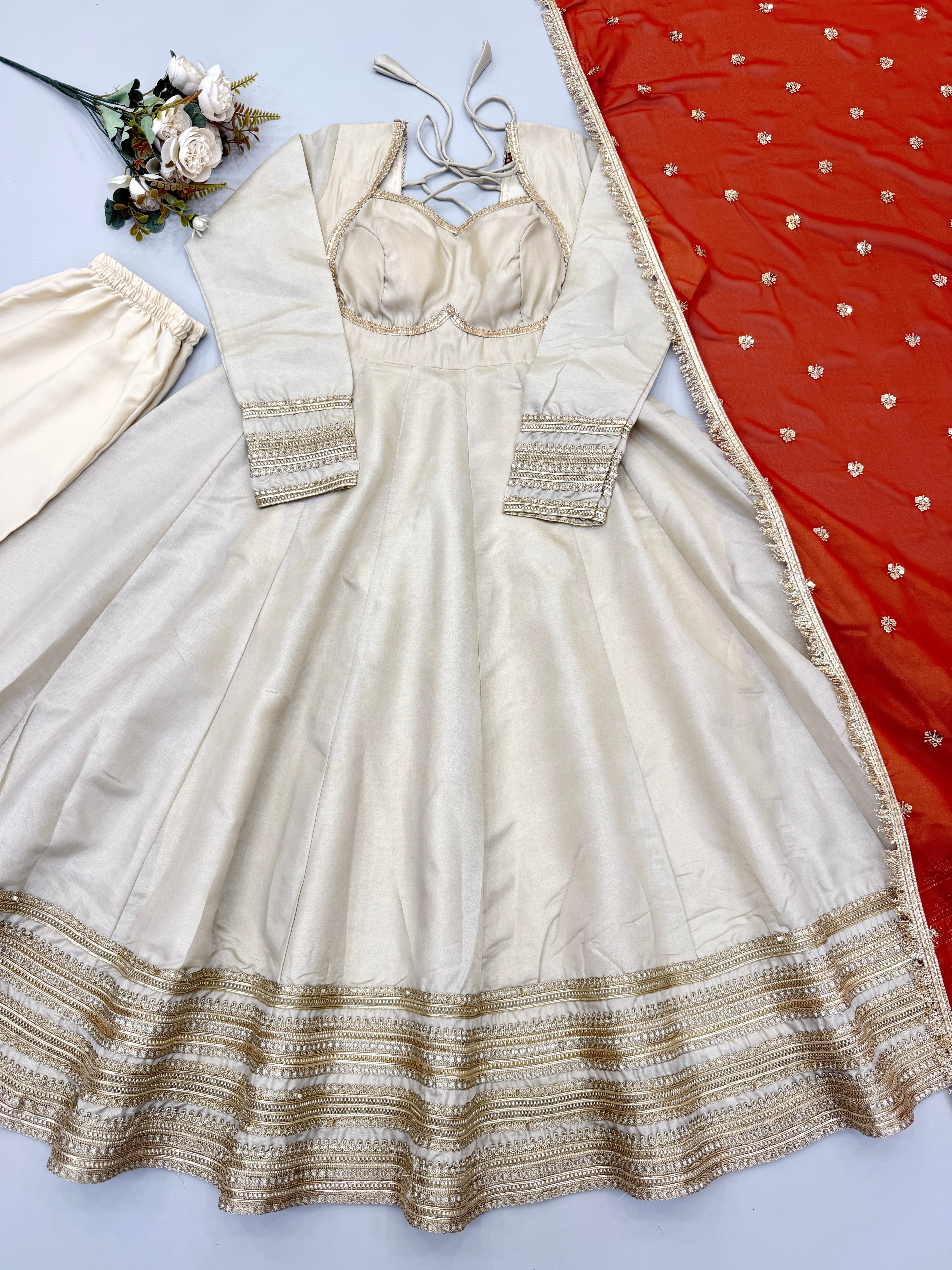 Champagne Gold Cosmos Gold Anarkali Suit Set with Heavy Lace Work & Rust Georgette Dupatta | Ready to Wear