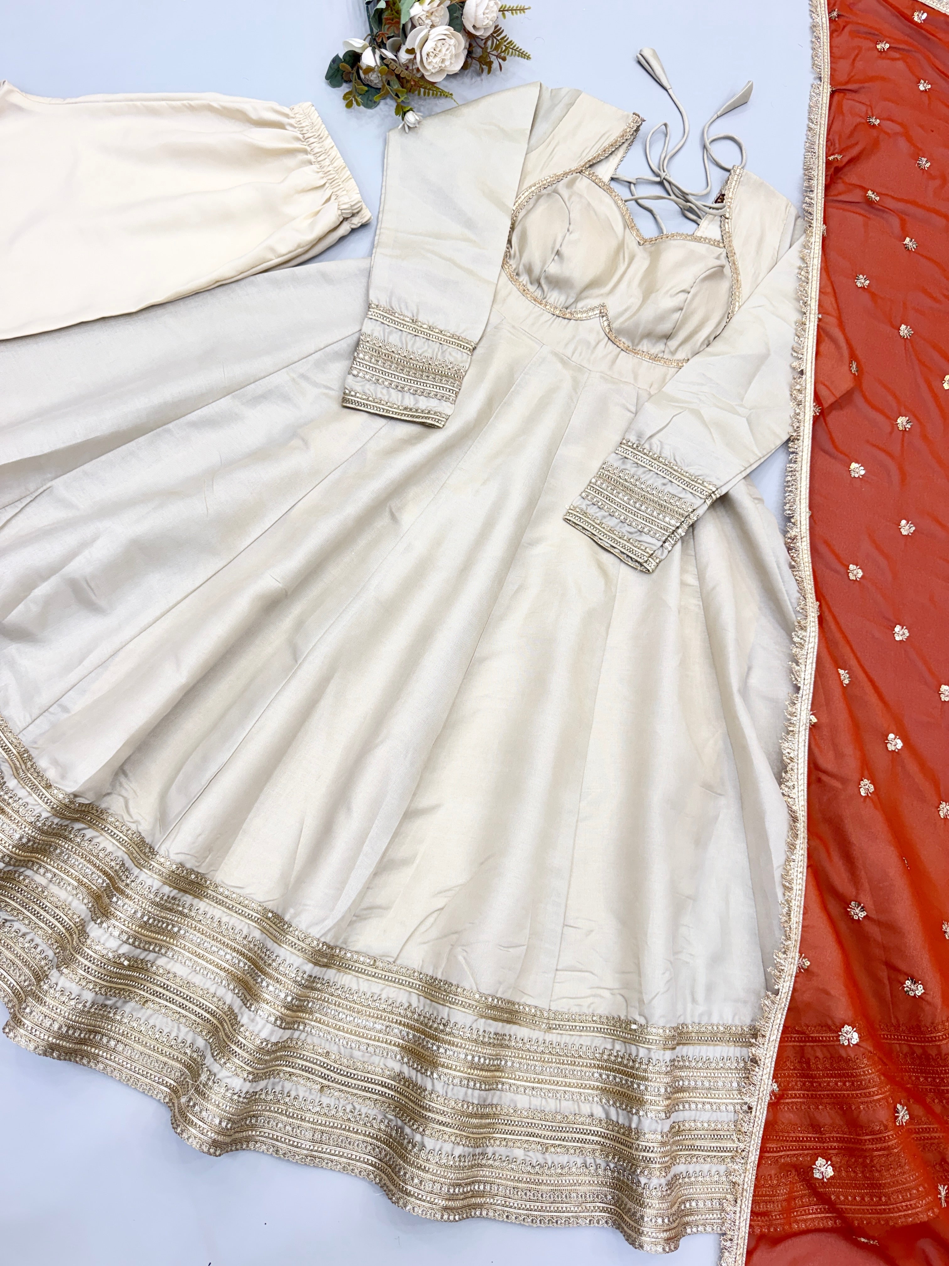 Champagne Gold Cosmos Gold Anarkali Suit Set with Heavy Lace Work & Rust Georgette Dupatta | Ready to Wear
