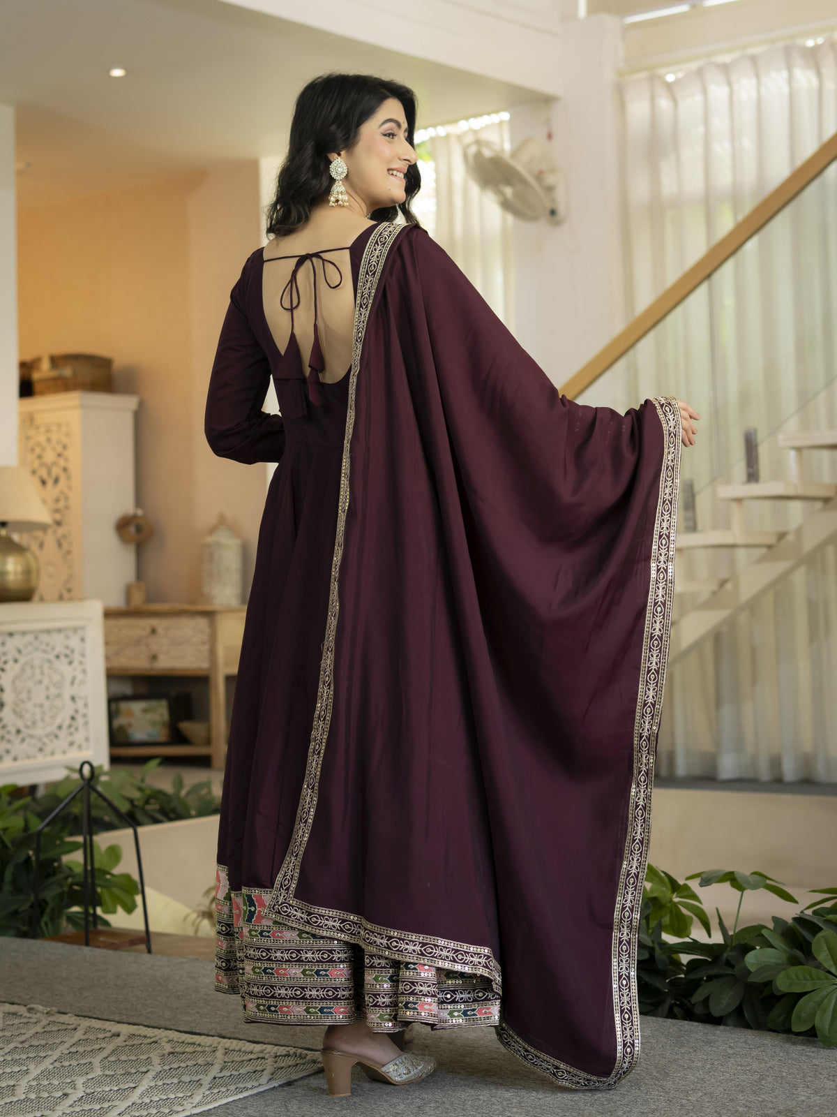 Wine Maroon Heavy Roman Silk Embroidered Anarkali Suit Set with Dupatta