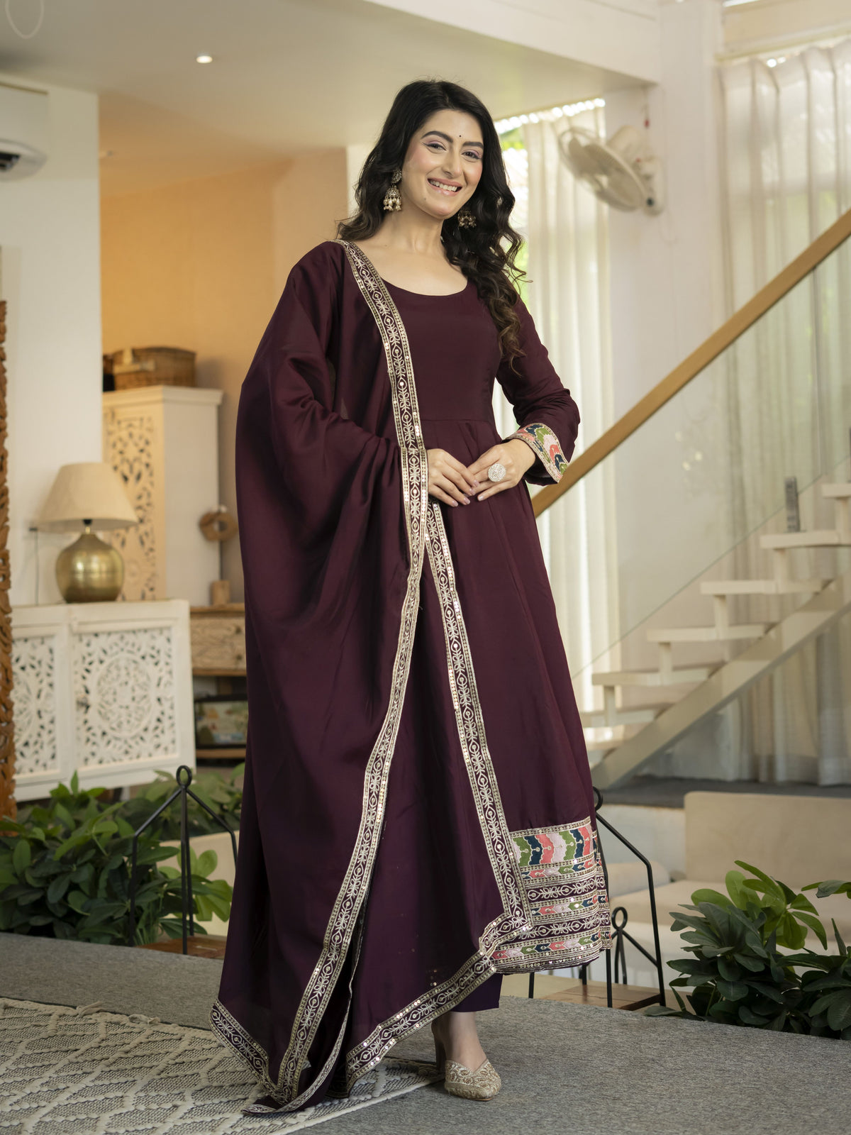 Wine Maroon Heavy Roman Silk Embroidered Anarkali Suit Set with Dupatta