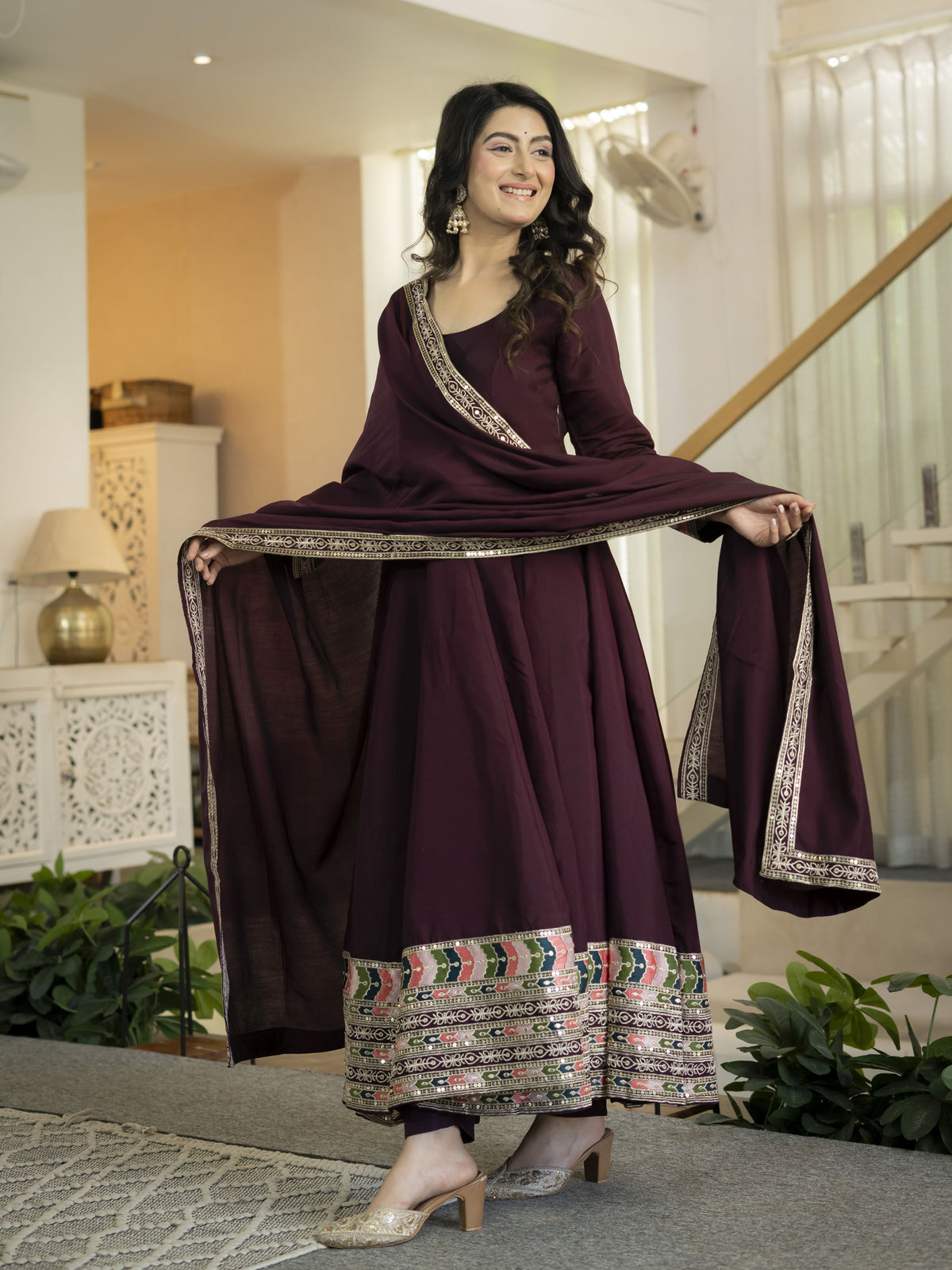 Wine Maroon Heavy Roman Silk Embroidered Anarkali Suit Set with Dupatta