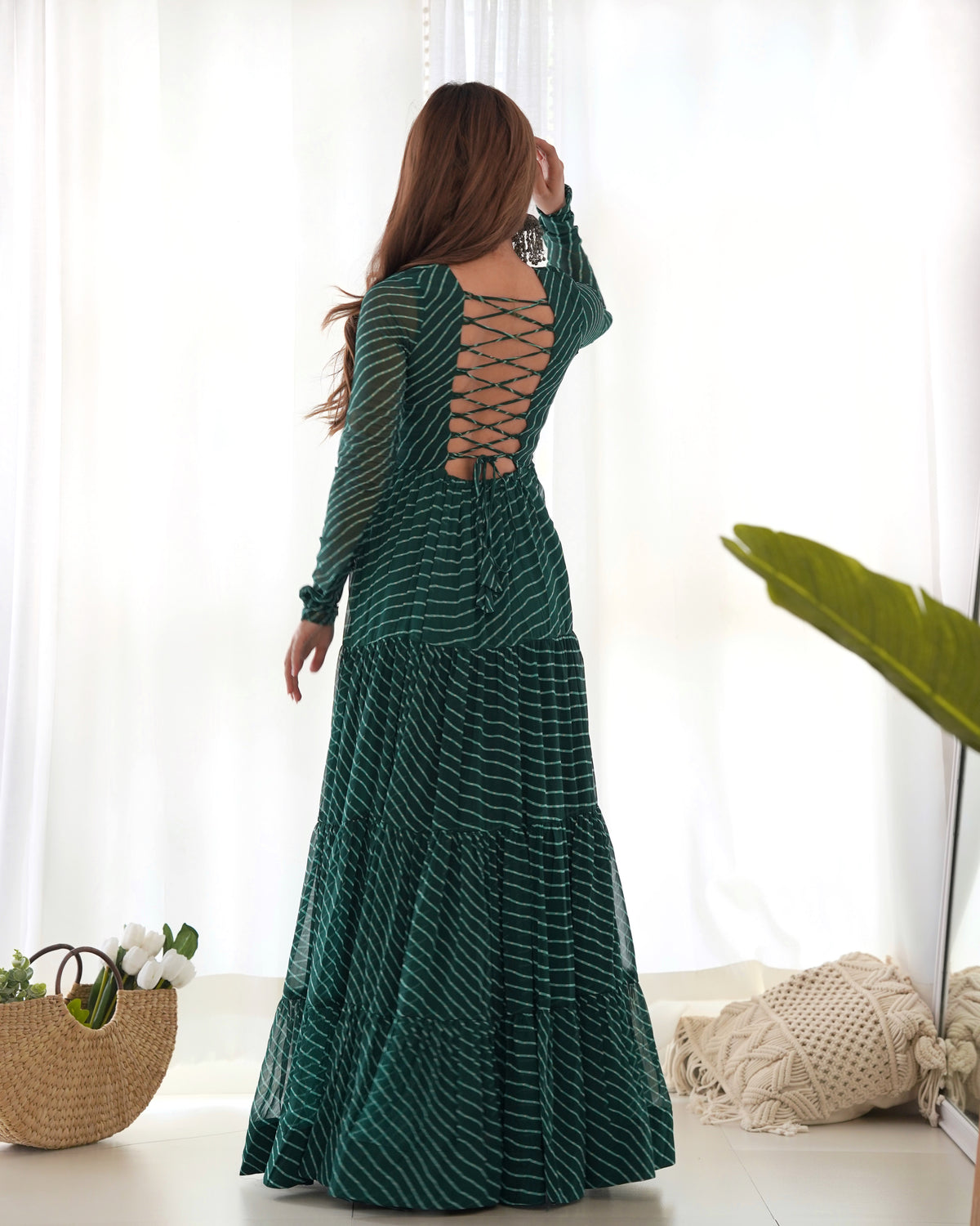 Dark Green Laheriya Print 7 Meter Flair Anarkali Gown