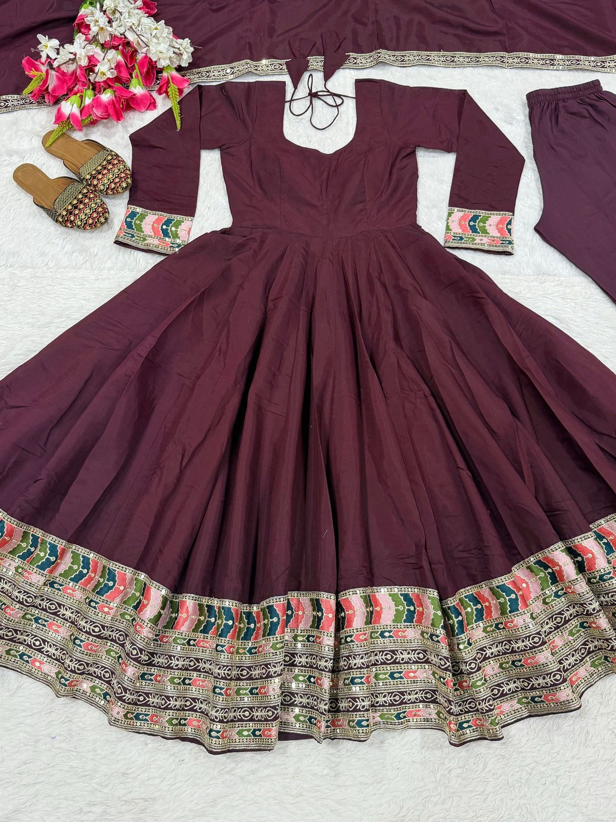 Wine Maroon Heavy Roman Silk Embroidered Anarkali Suit Set with Dupatta