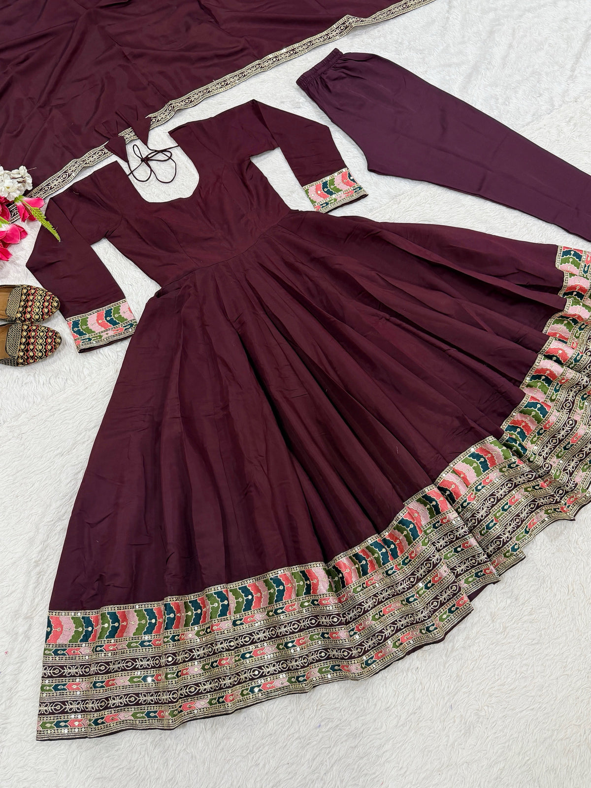 Wine Maroon Heavy Roman Silk Embroidered Anarkali Suit Set with Dupatta