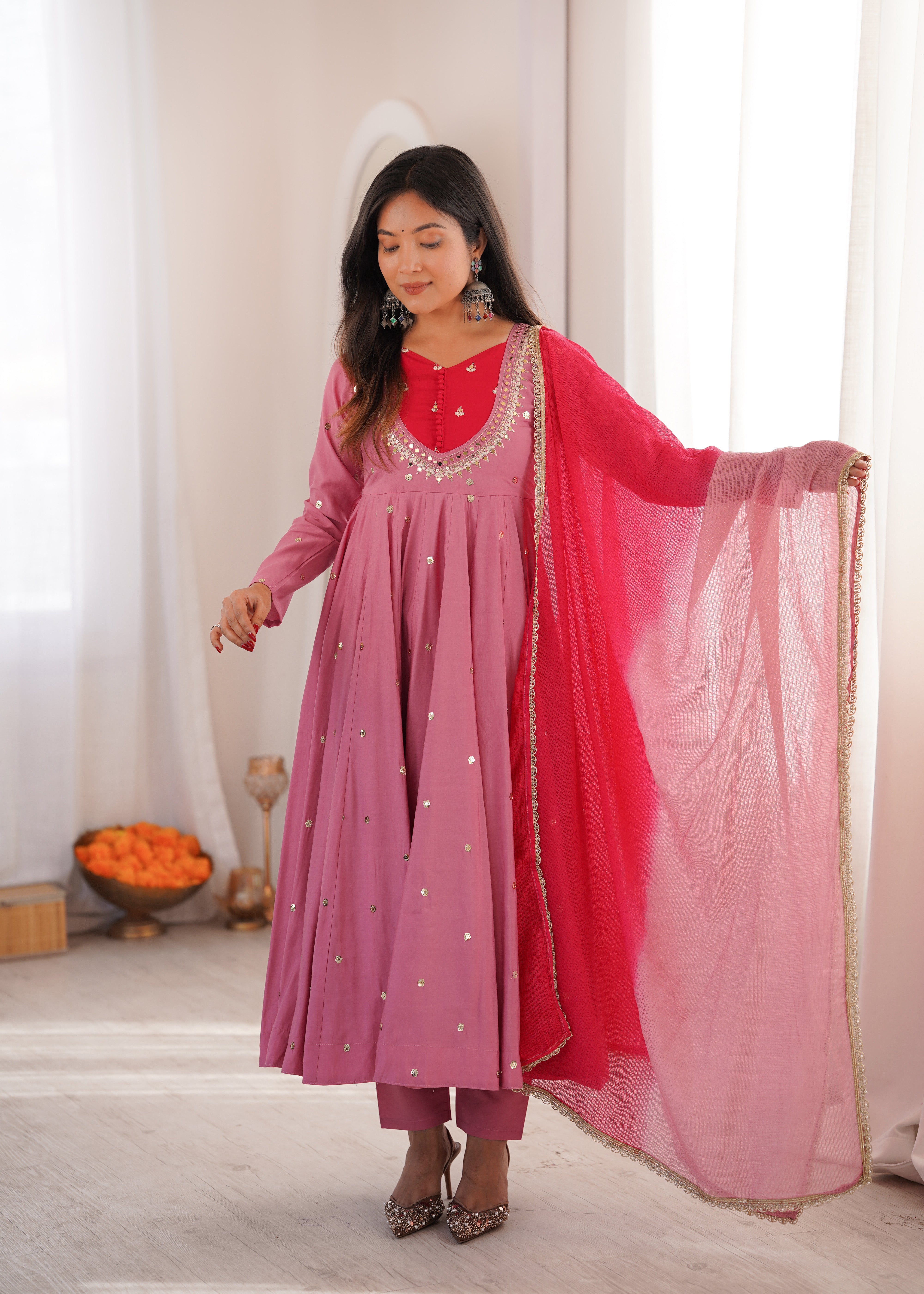 Dusty Mauve Roman Silk Anarkali Suit Set with Real Mirror Work & Pink Kota Dupatta | Ready to Wear