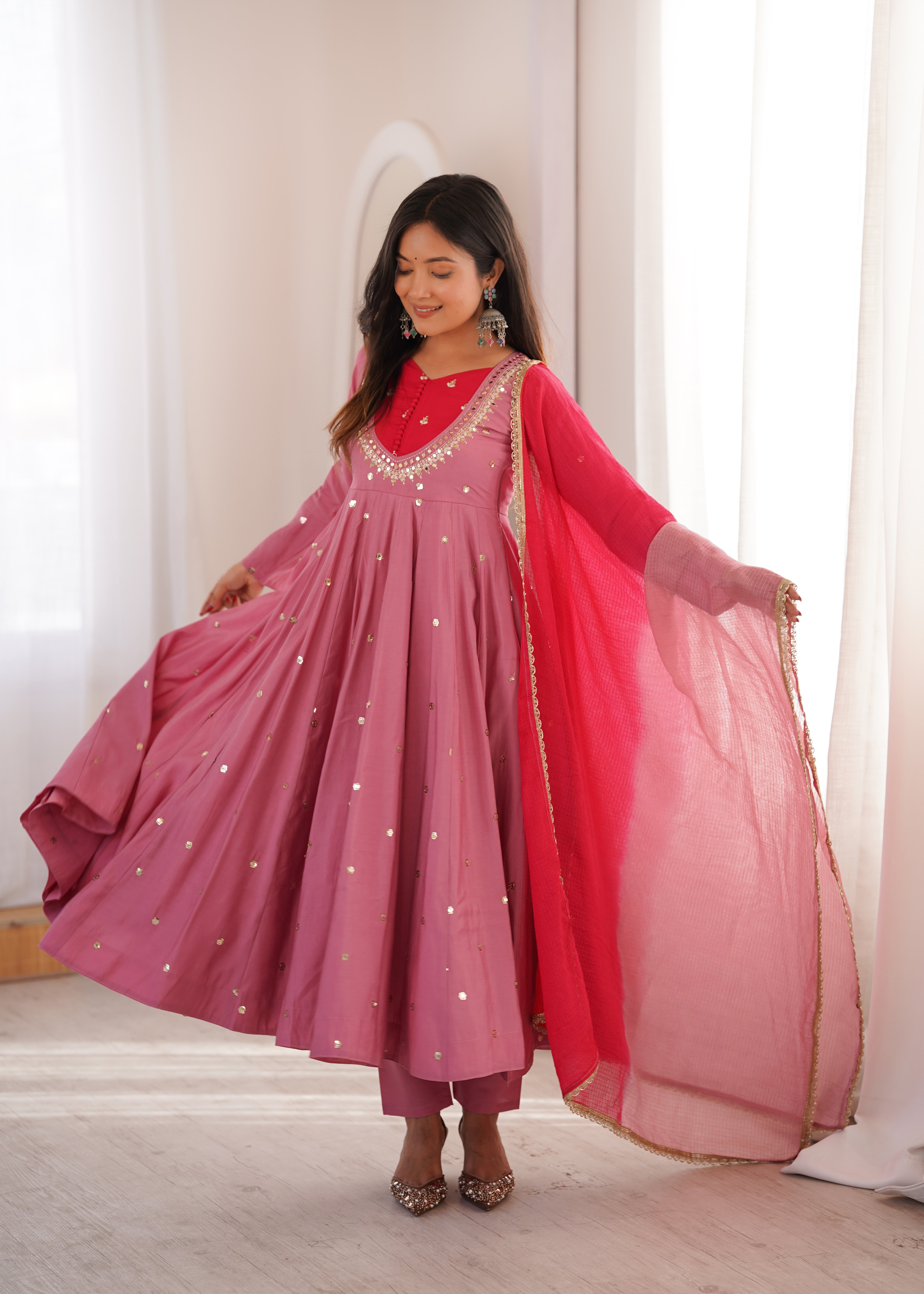 Dusty Mauve Roman Silk Anarkali Suit Set with Real Mirror Work & Pink Kota Dupatta | Ready to Wear