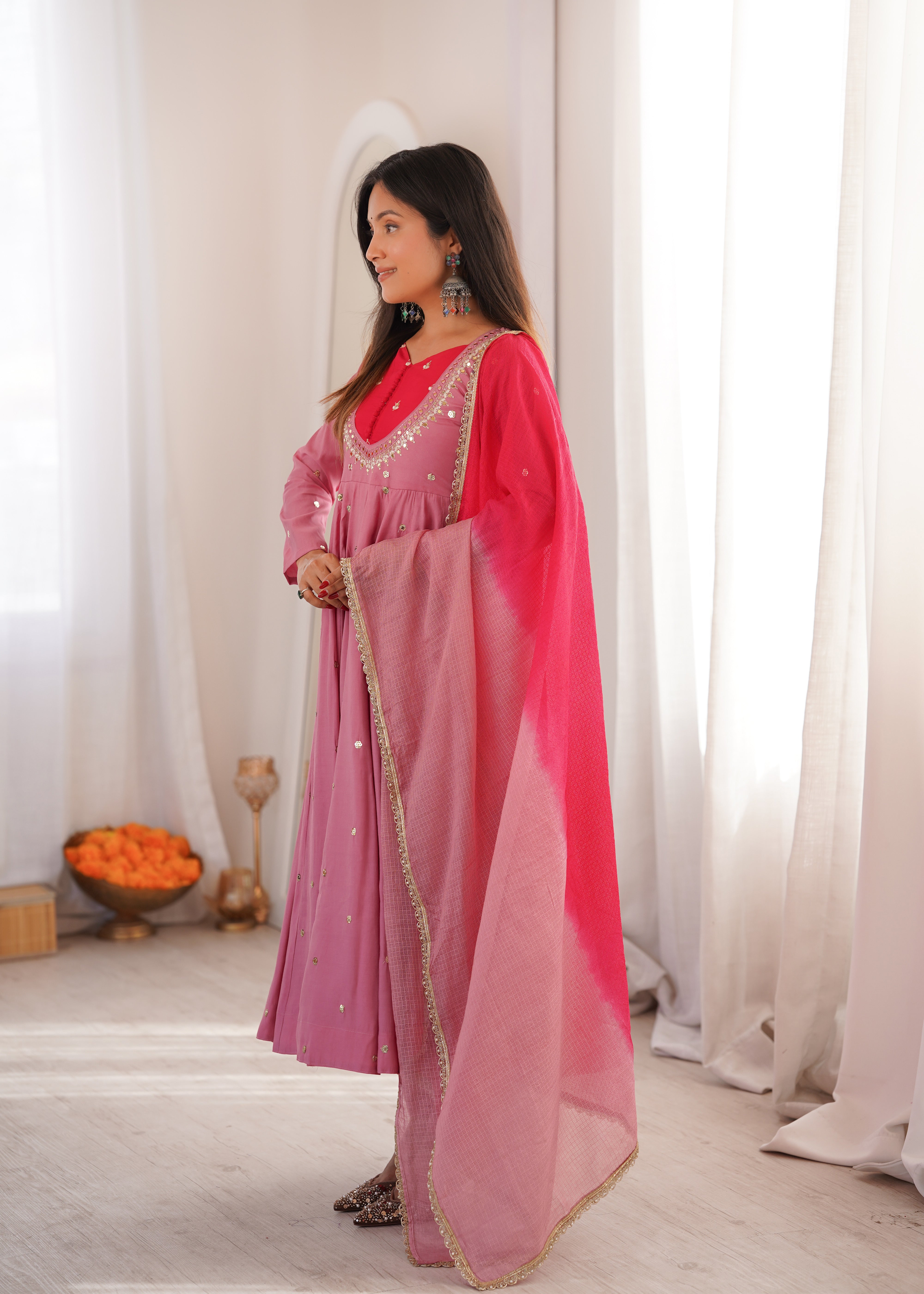 Dusty Mauve Roman Silk Anarkali Suit Set with Real Mirror Work & Pink Kota Dupatta | Ready to Wear
