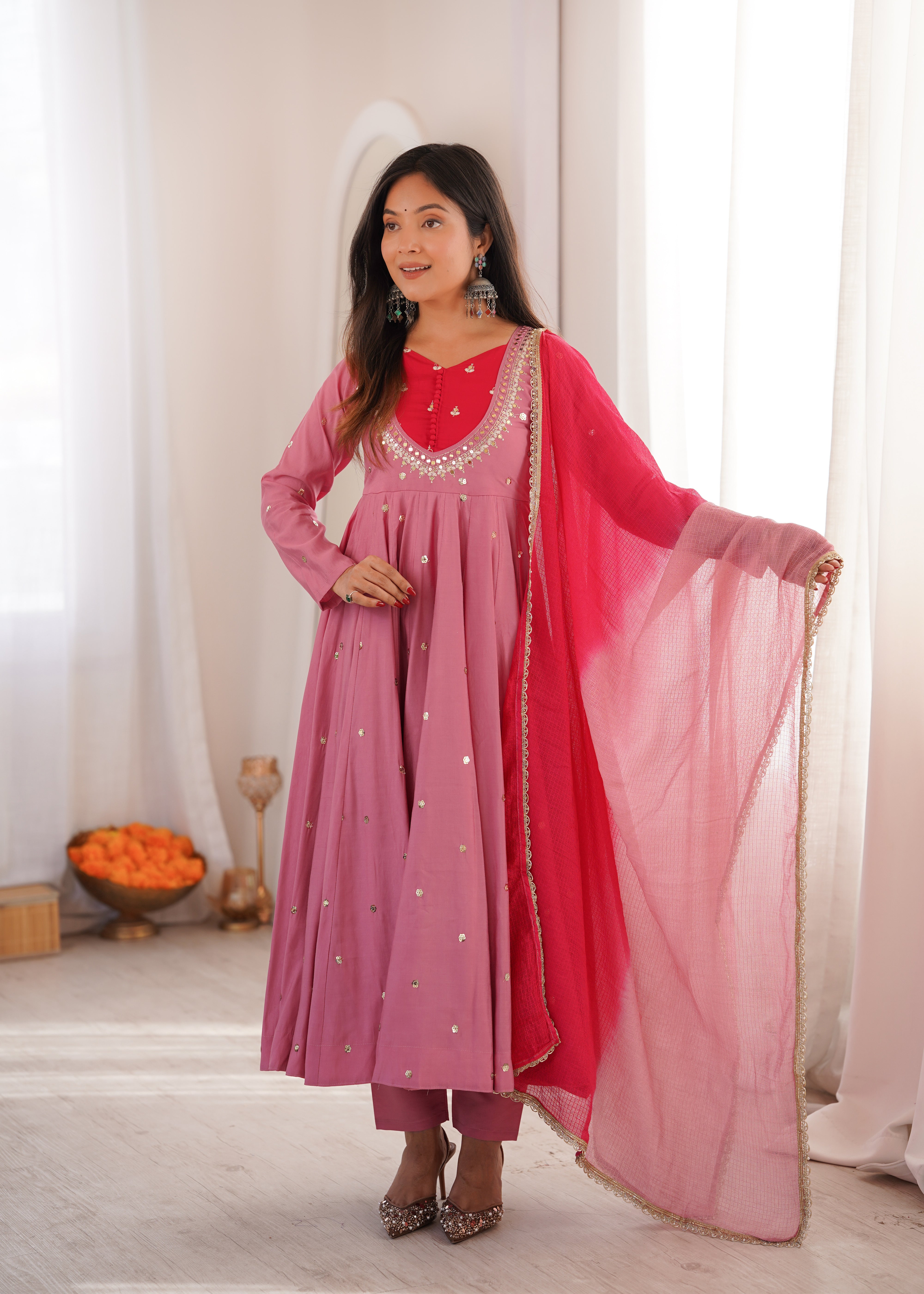 Dusty Mauve Roman Silk Anarkali Suit Set with Real Mirror Work & Pink Kota Dupatta | Ready to Wear