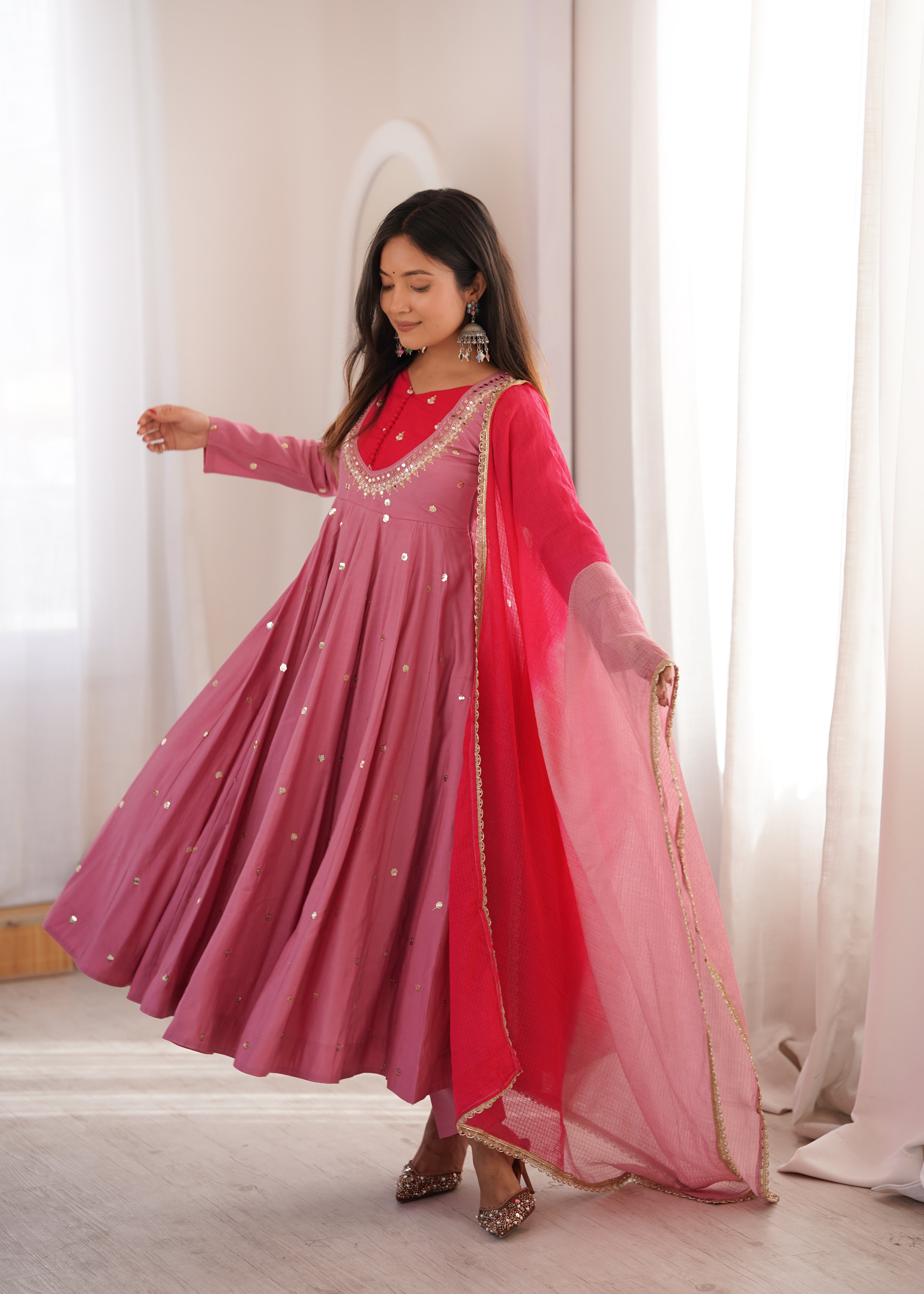 Dusty Mauve Roman Silk Anarkali Suit Set with Real Mirror Work & Pink Kota Dupatta | Ready to Wear