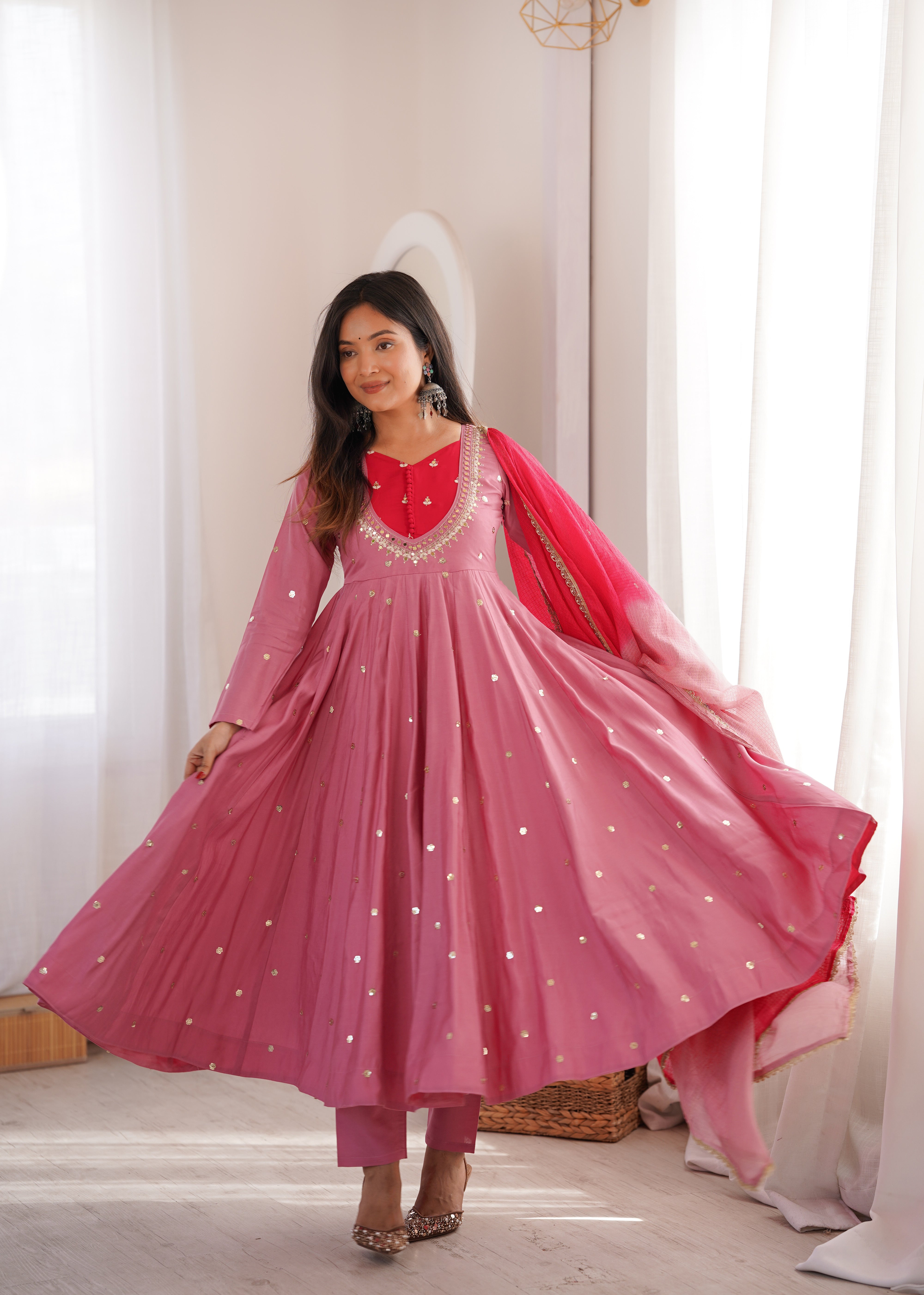 Dusty Mauve Roman Silk Anarkali Suit Set with Real Mirror Work & Pink Kota Dupatta | Ready to Wear