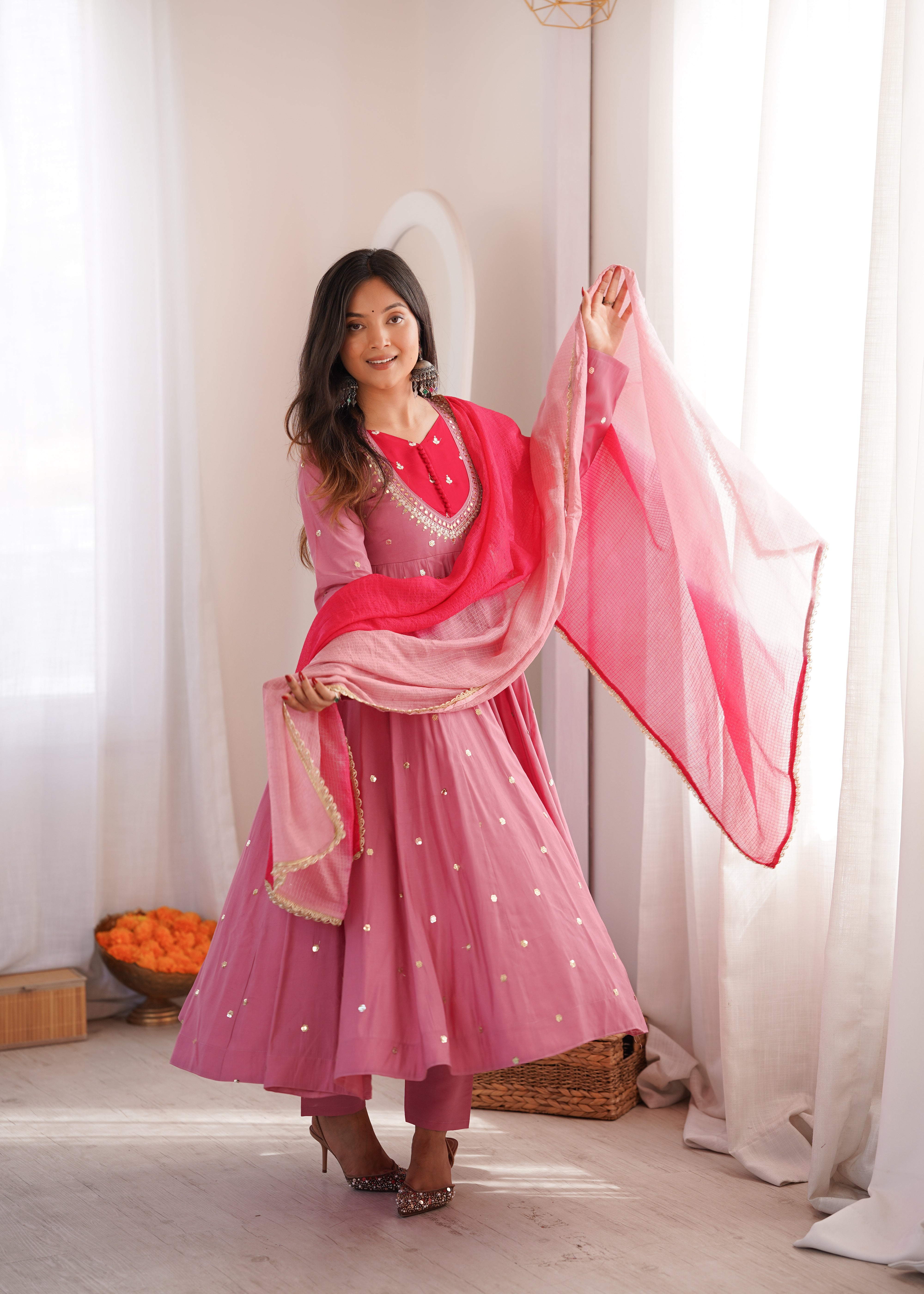 Dusty Mauve Roman Silk Anarkali Suit Set with Real Mirror Work & Pink Kota Dupatta | Ready to Wear