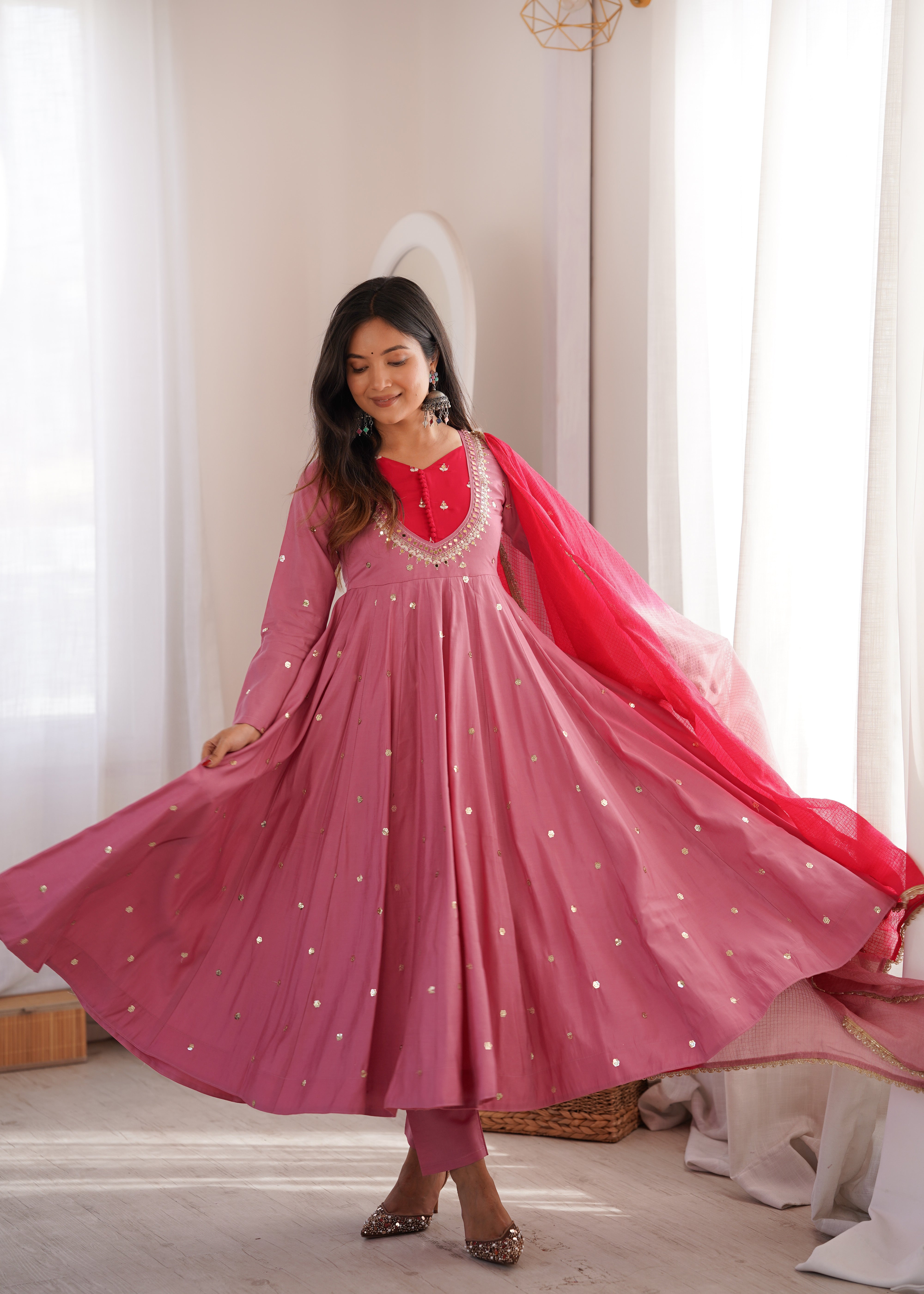 Dusty Mauve Roman Silk Anarkali Suit Set with Real Mirror Work & Pink Kota Dupatta | Ready to Wear