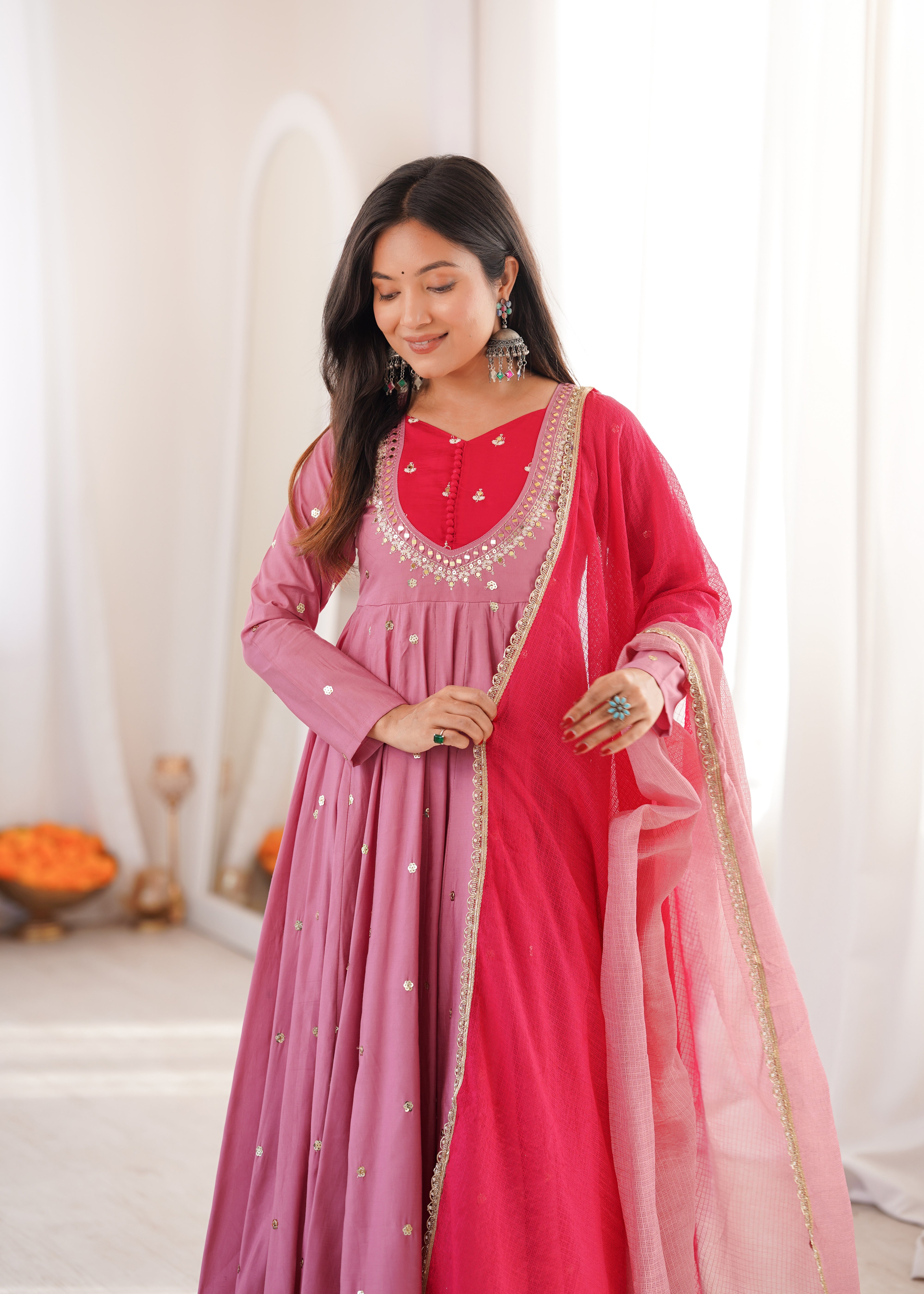 Dusty Mauve Roman Silk Anarkali Suit Set with Real Mirror Work & Pink Kota Dupatta | Ready to Wear