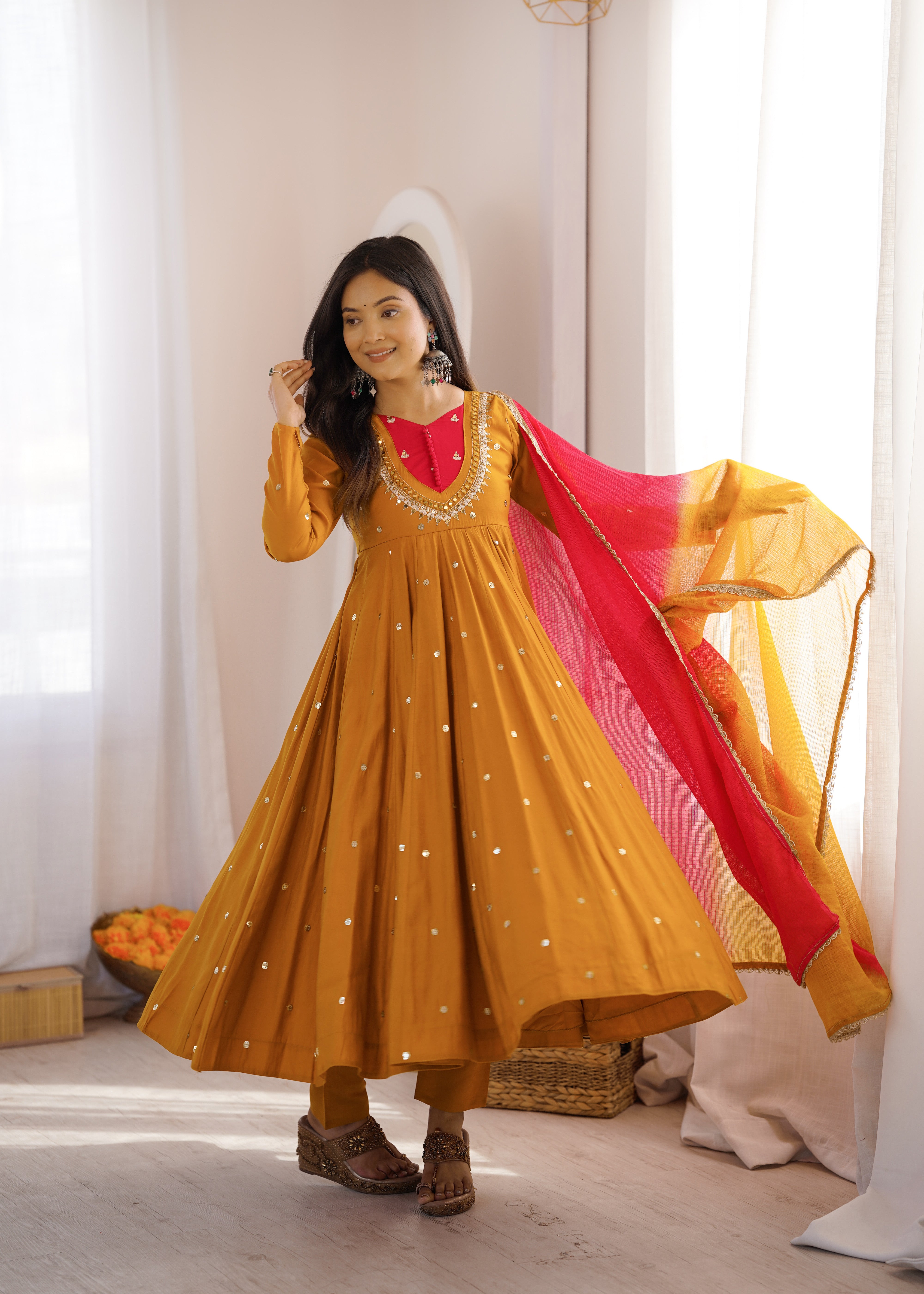 Mustard Yellow Roman Silk Anarkali Suit Set with Real Mirror Work & Pink Kota Dupatta | Ready to Wear