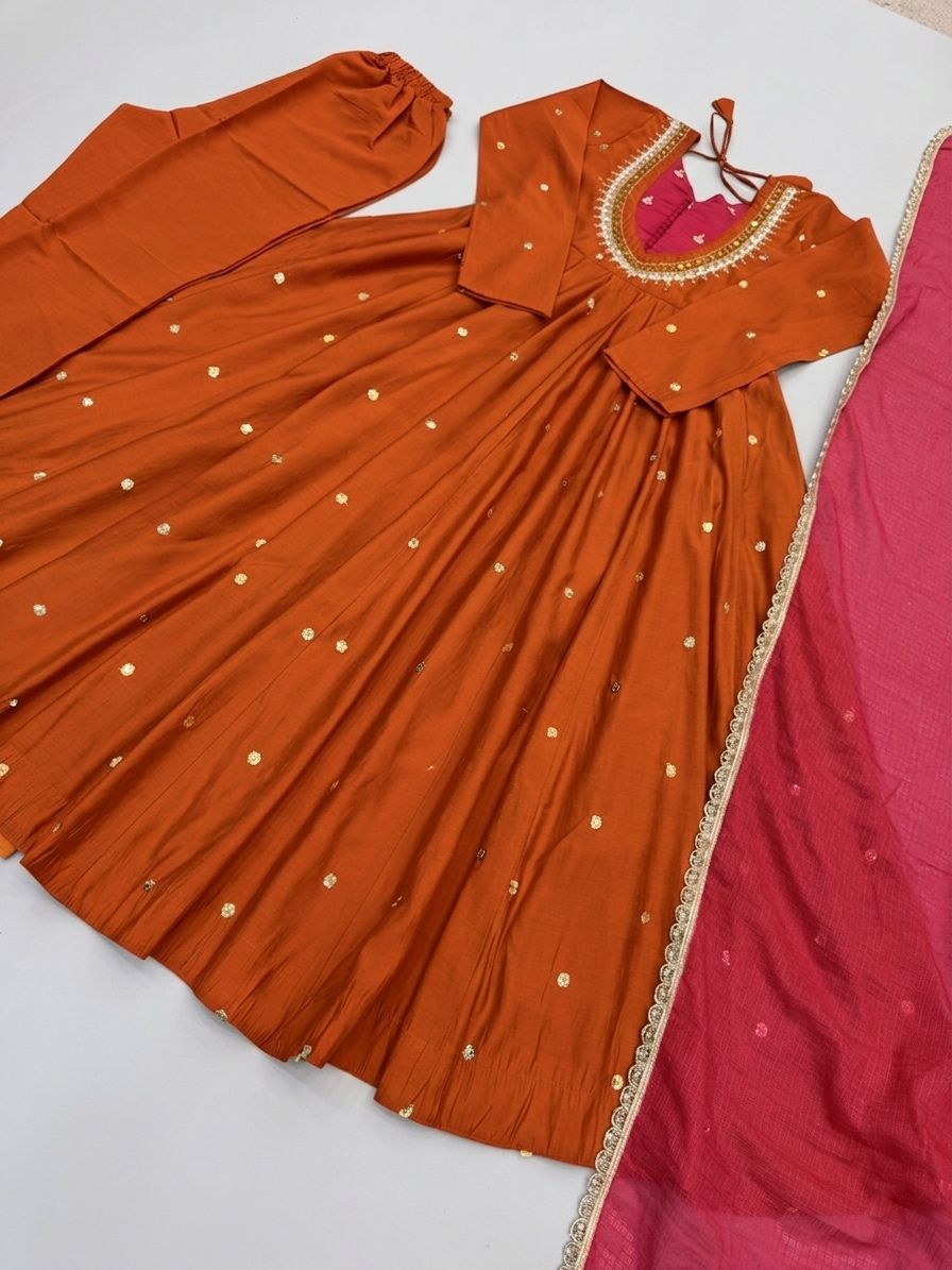 Rust Orange Roman Silk Anarkali Suit Set with Real Mirror Work & Pink Kota Dupatta | Ready to Wear