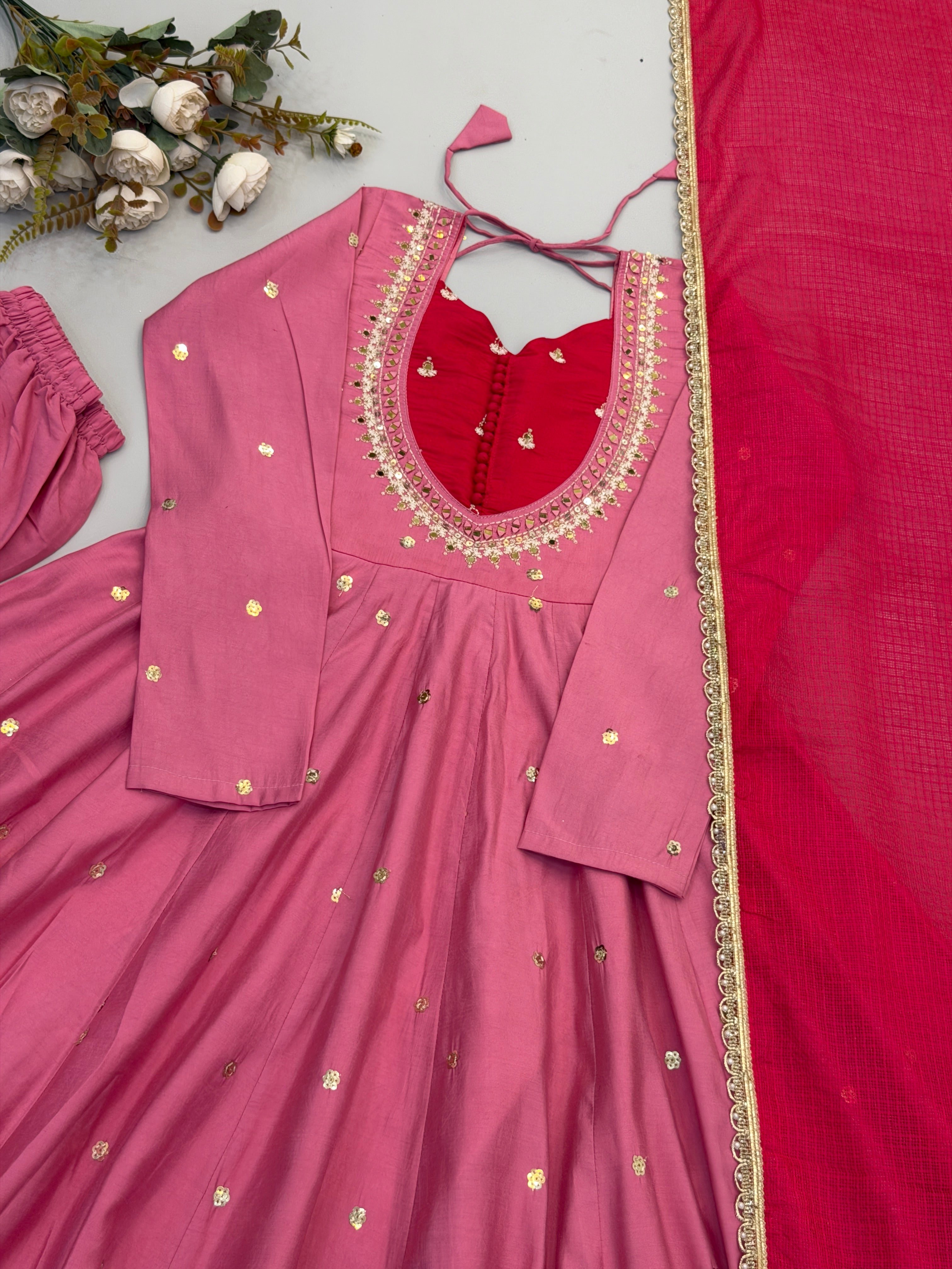 Dusty Mauve Roman Silk Anarkali Suit Set with Real Mirror Work & Pink Kota Dupatta | Ready to Wear
