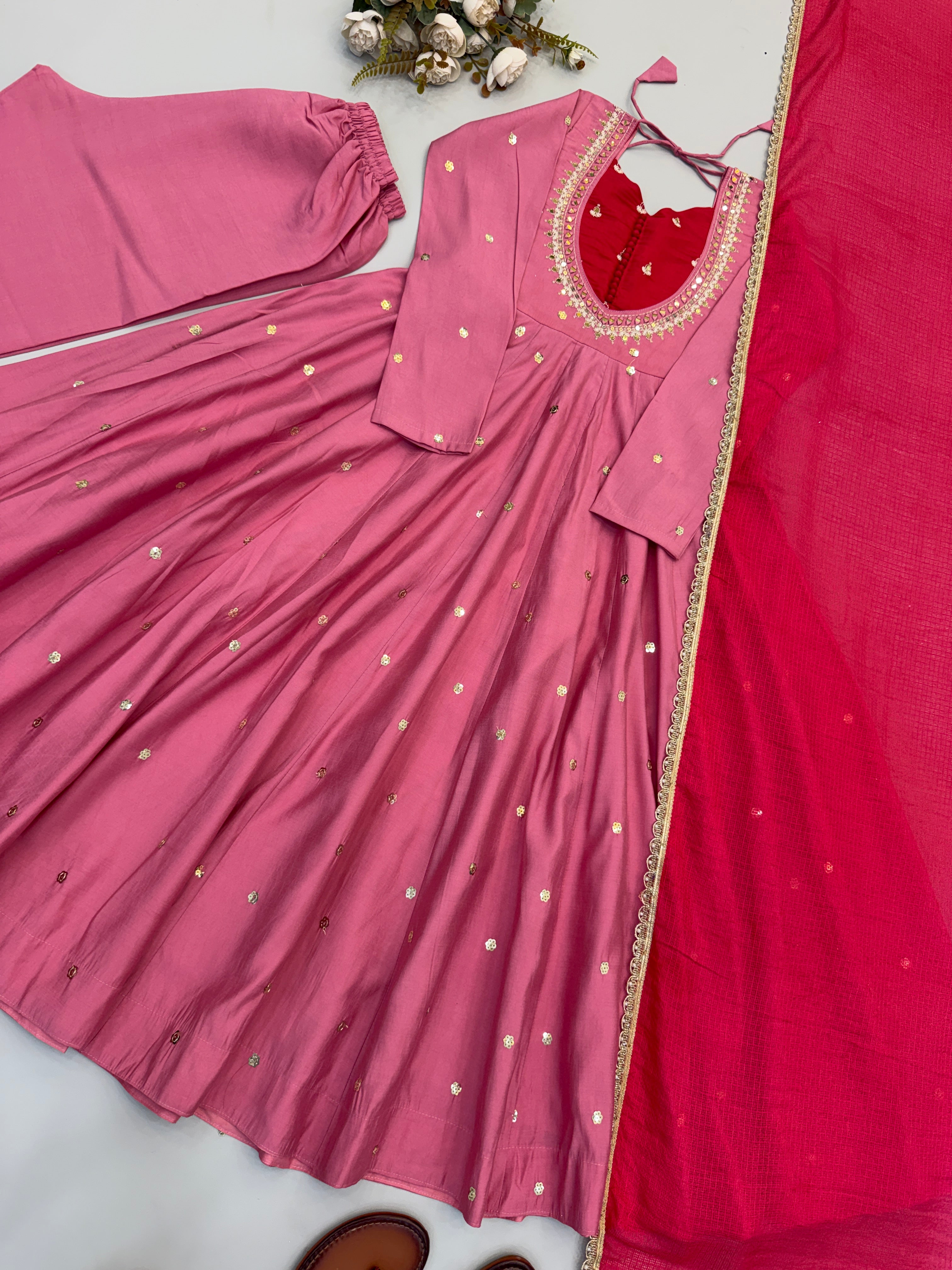 Dusty Mauve Roman Silk Anarkali Suit Set with Real Mirror Work & Pink Kota Dupatta | Ready to Wear