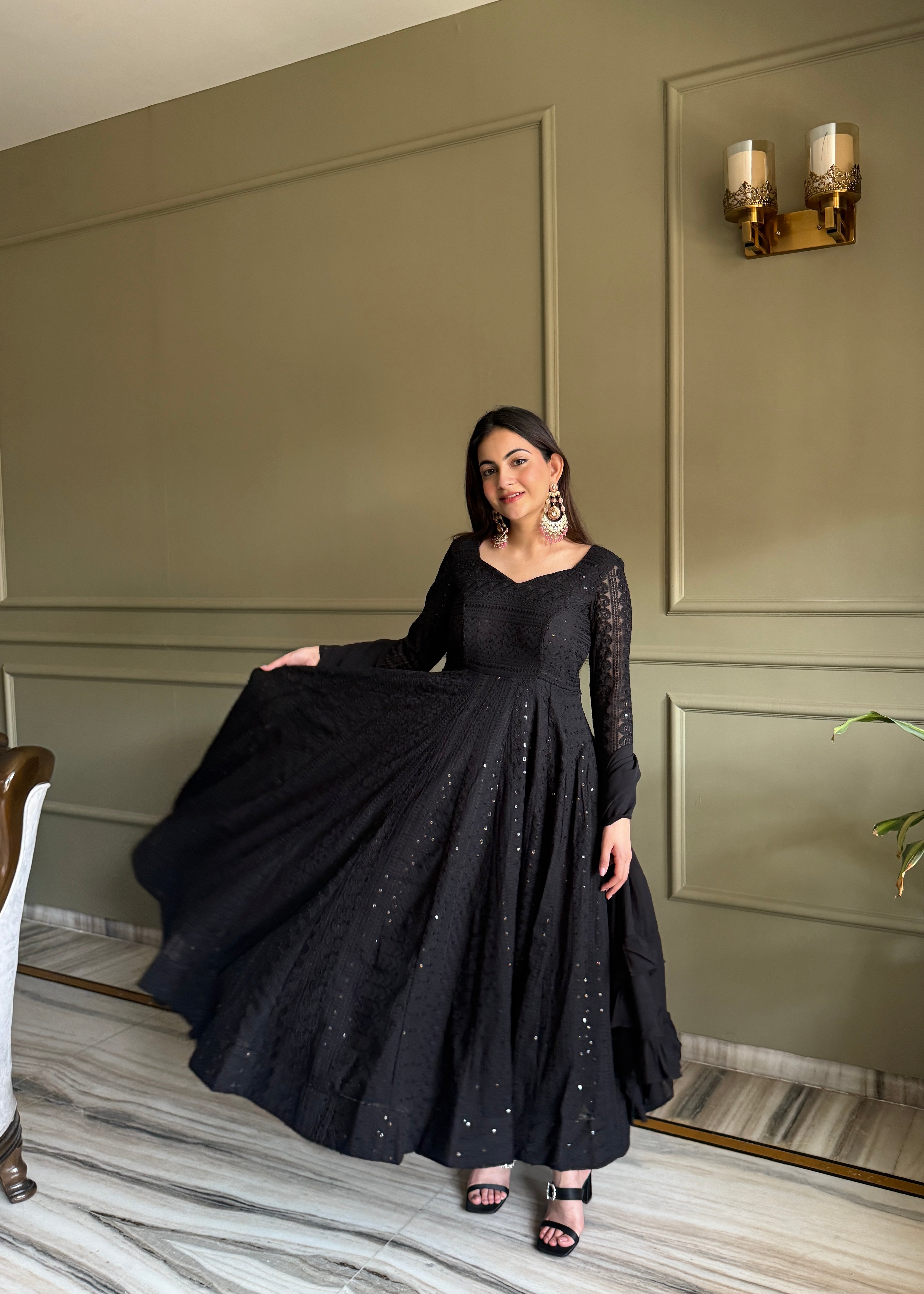 Black Lucknowi Sequins Georgette Anarkali Suit | Nardev Fashion