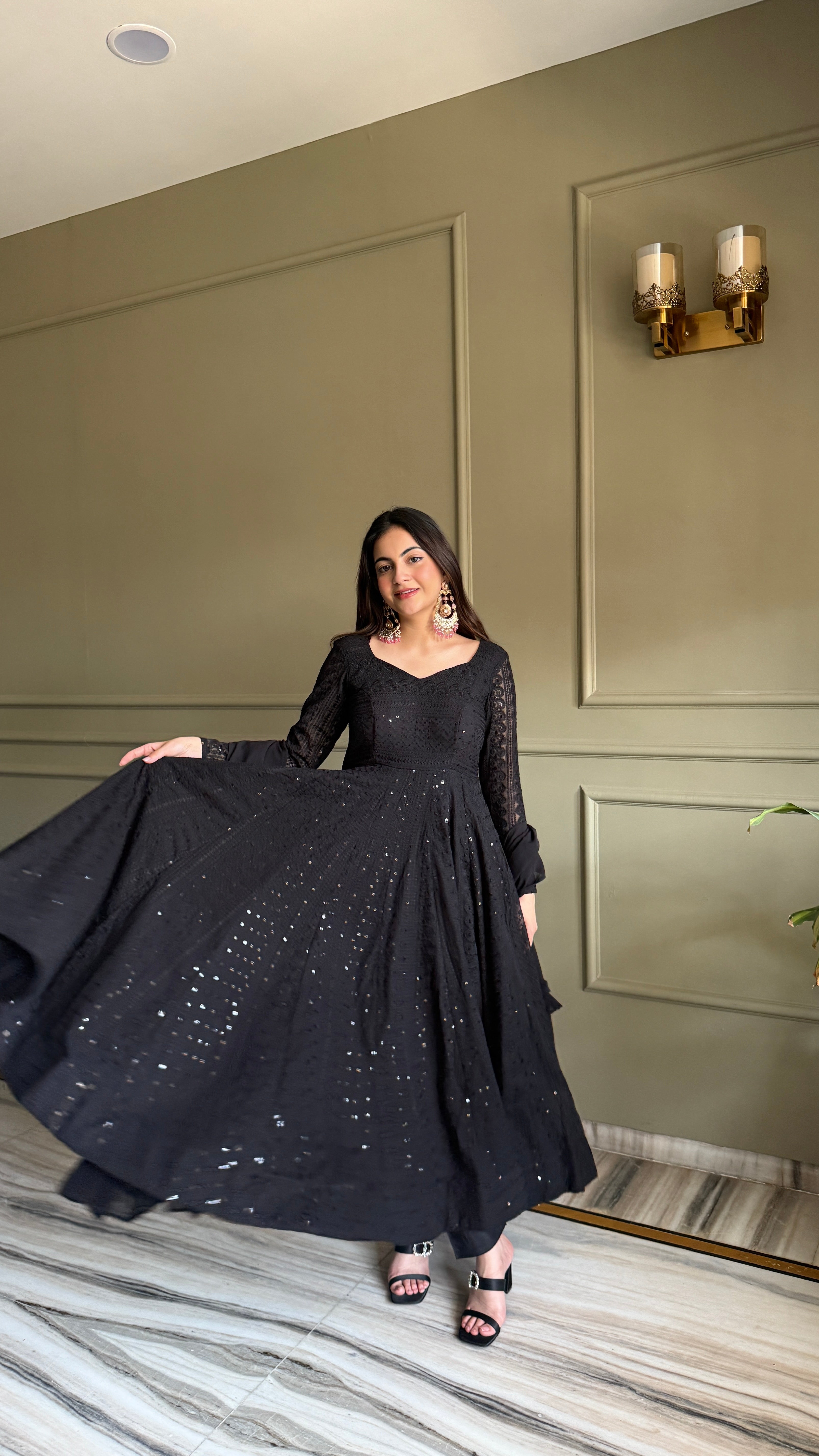 Black Lucknowi Sequins Georgette Anarkali Suit | Nardev Fashion