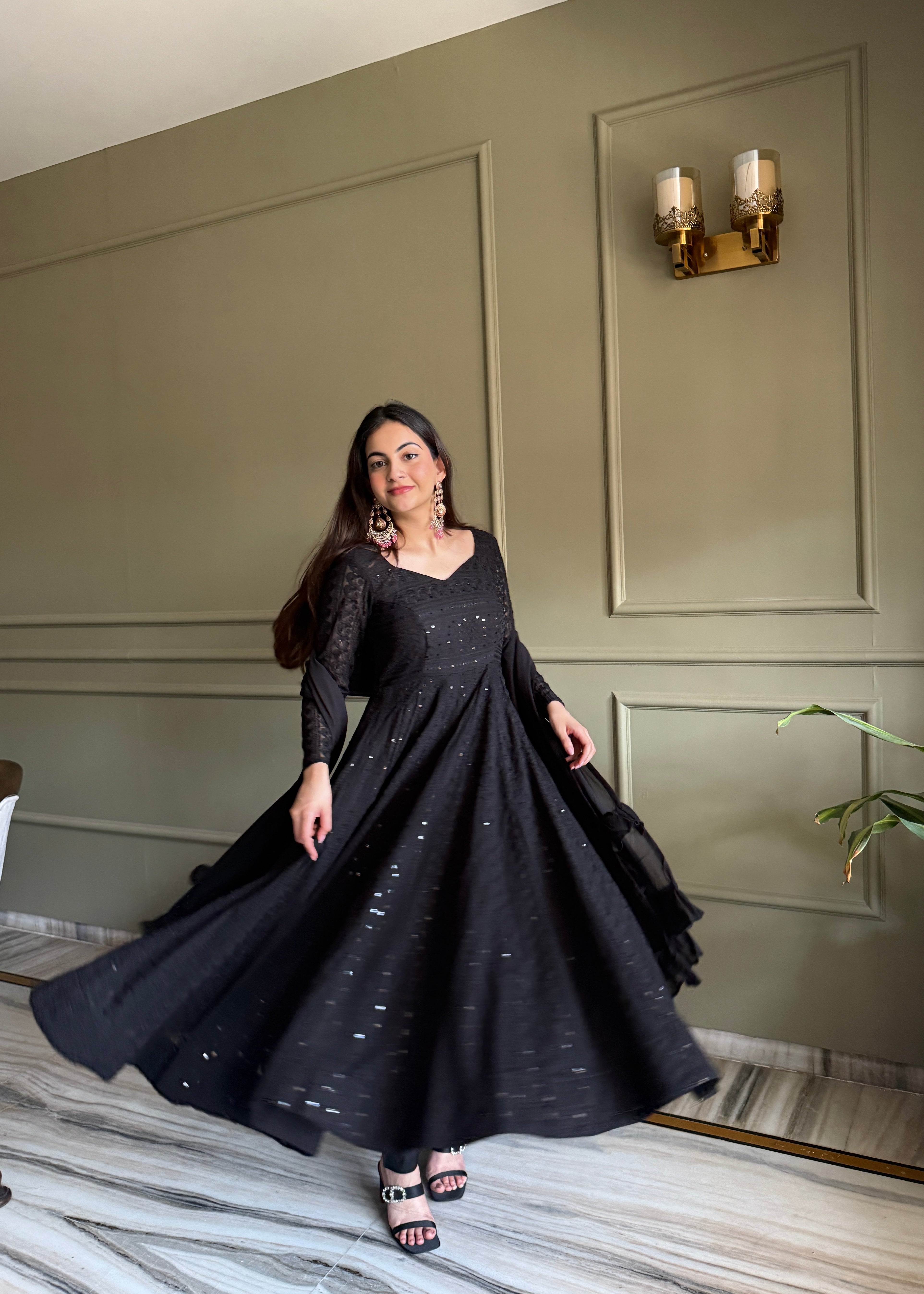 Black Lucknowi Sequins Georgette Anarkali Suit | Nardev Fashion