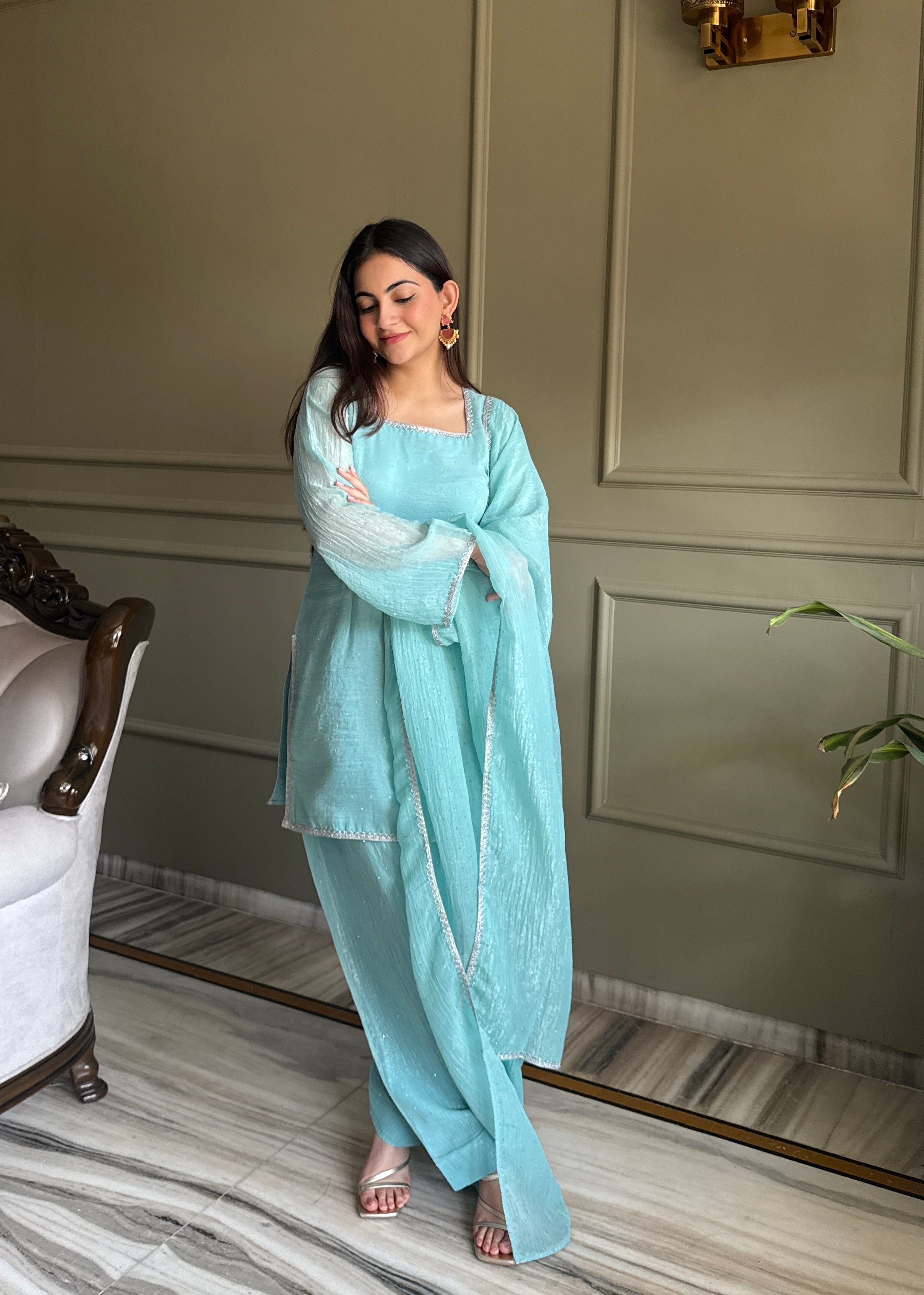 Sky Farshi Salwar Suit in Crunchy Silk with Sirovski Work| Nardev Fashion -Brand