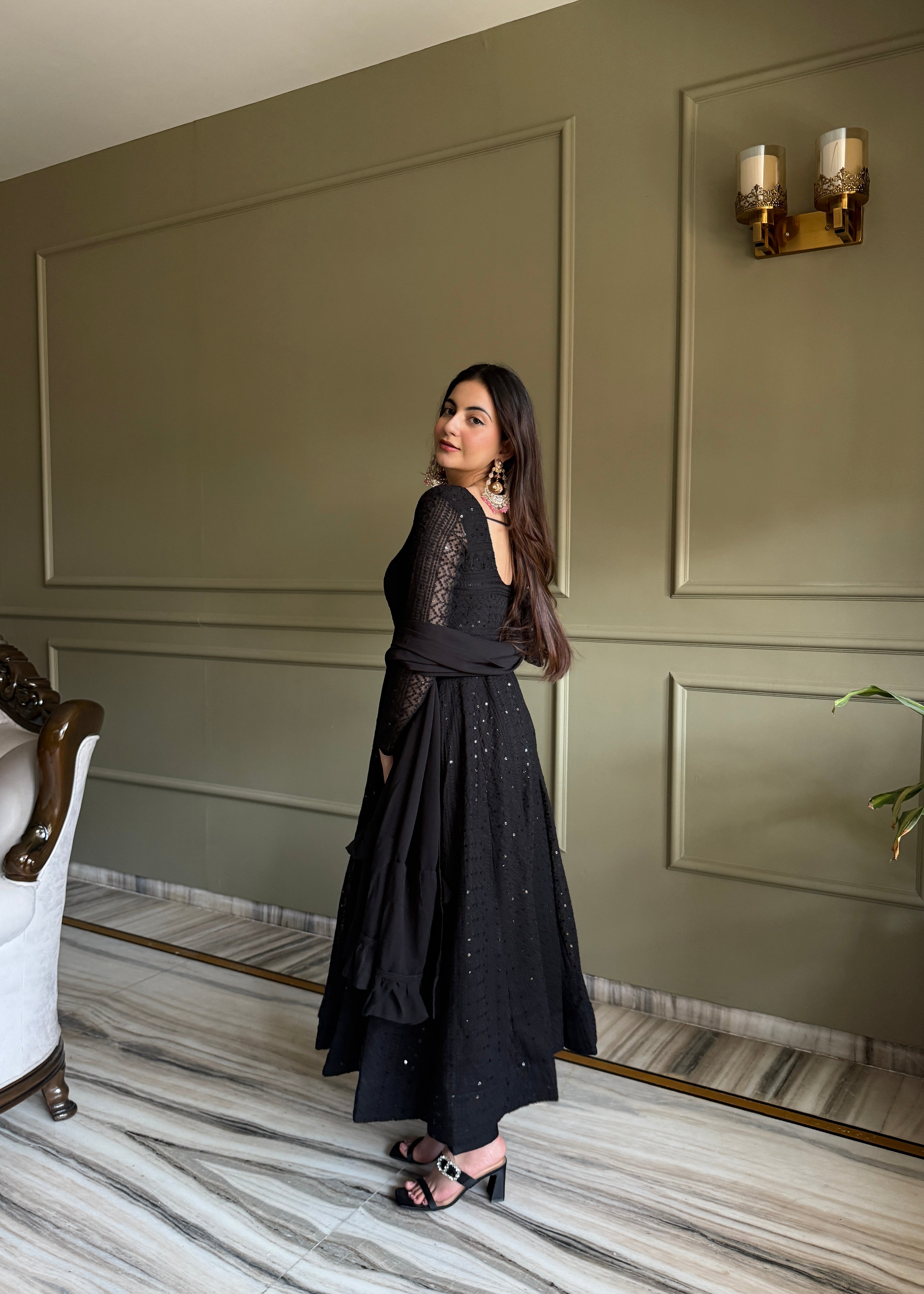 Black Lucknowi Sequins Georgette Anarkali Suit | Nardev Fashion