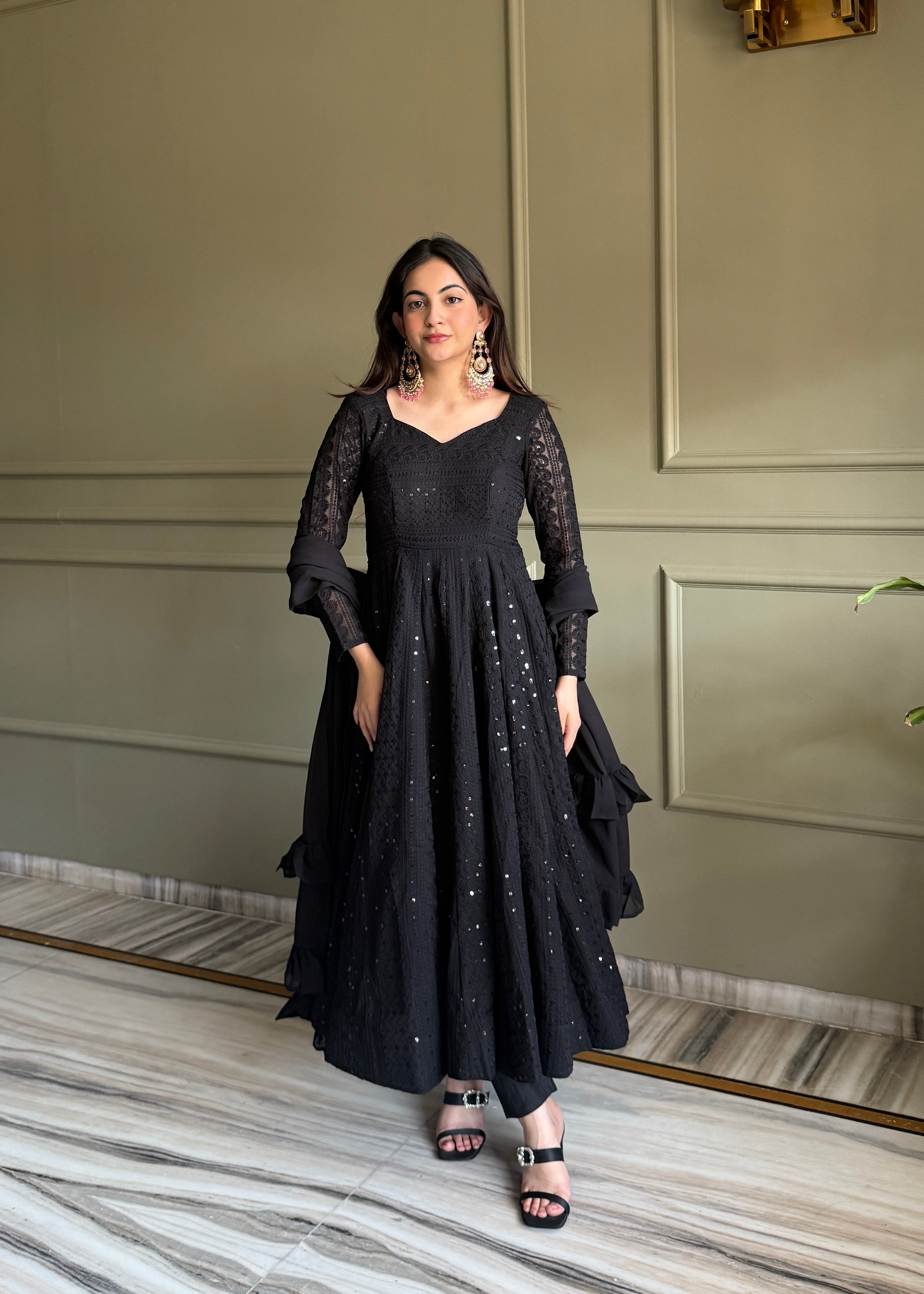 Black Lucknowi Sequins Georgette Anarkali Suit | Nardev Fashion