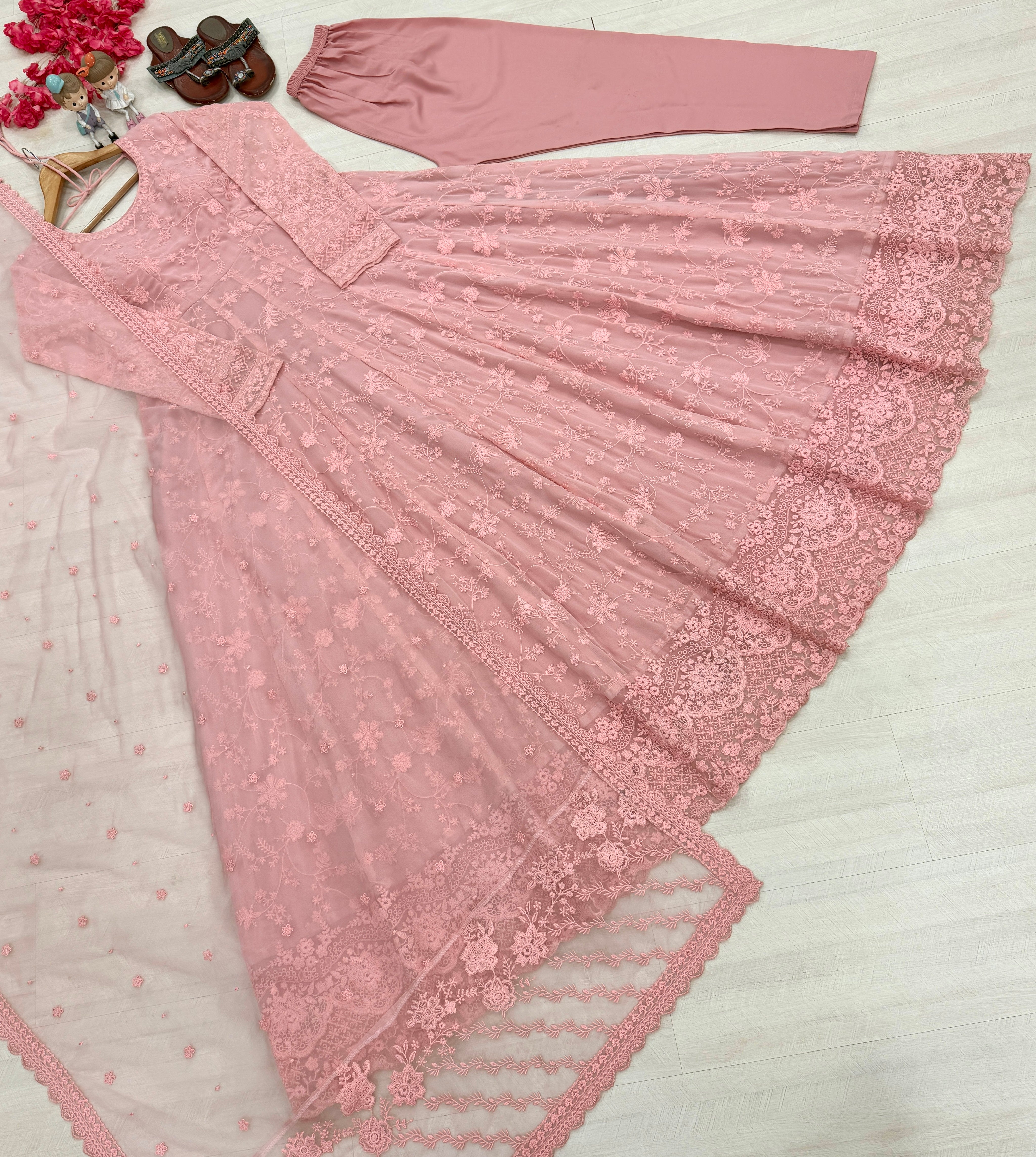 Dusty Pink Heavy Embroidered Faux Georgette Anarkali Gown Set with Organza Dupatta