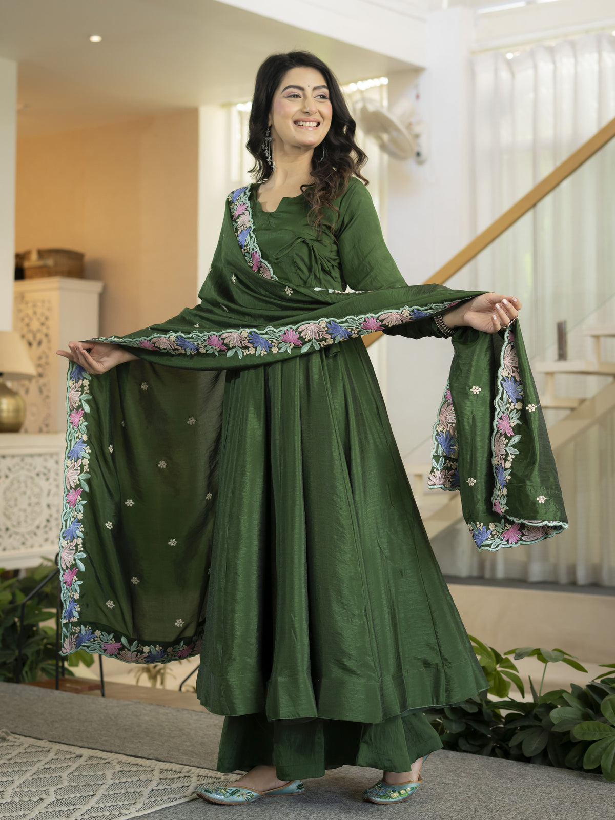 Bottle Green Vichitra Silk Embroidered Anarkali Suit Set with Palazzo & Dupatta