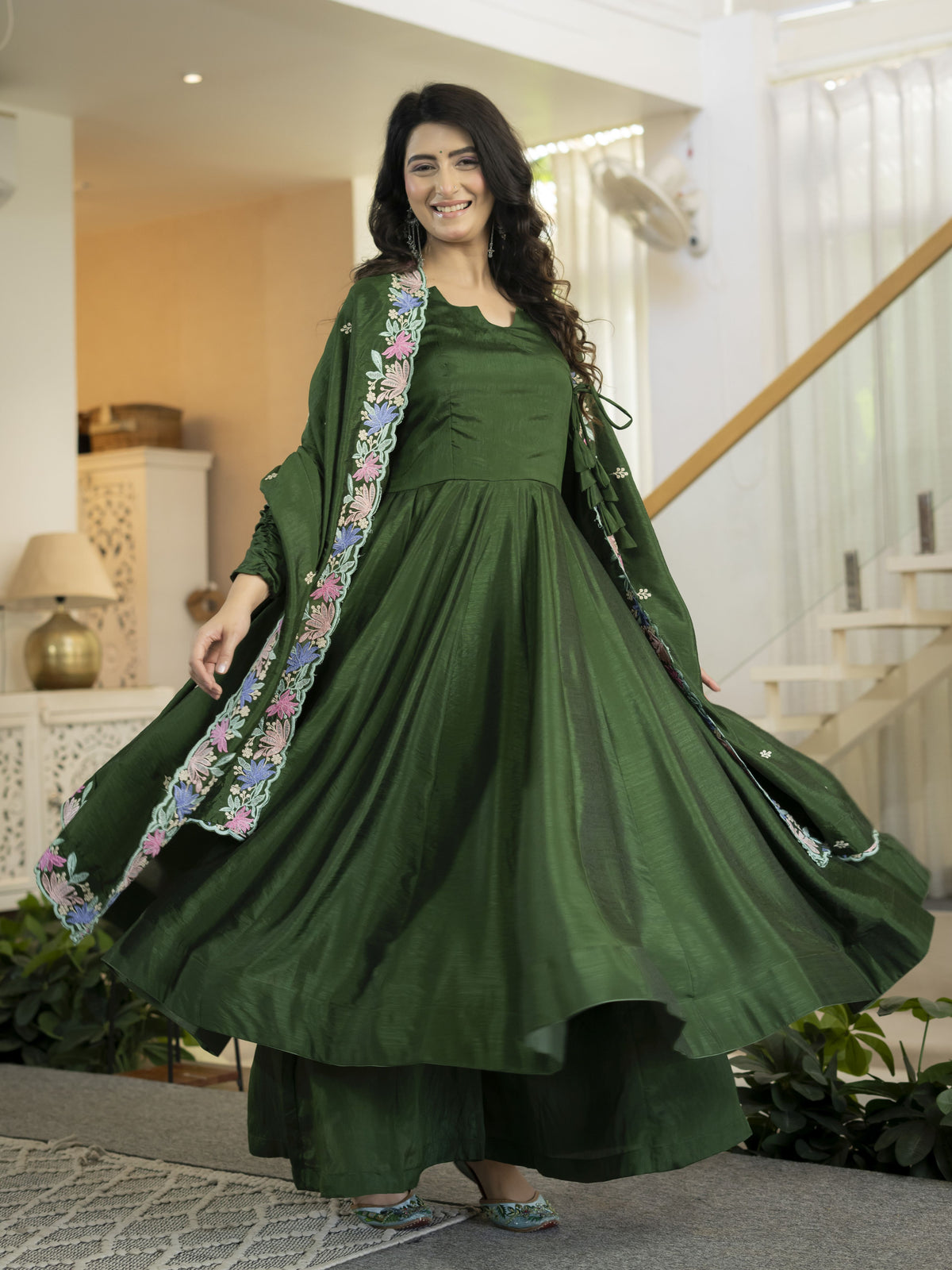 Bottle Green Vichitra Silk Embroidered Anarkali Suit Set with Palazzo & Dupatta