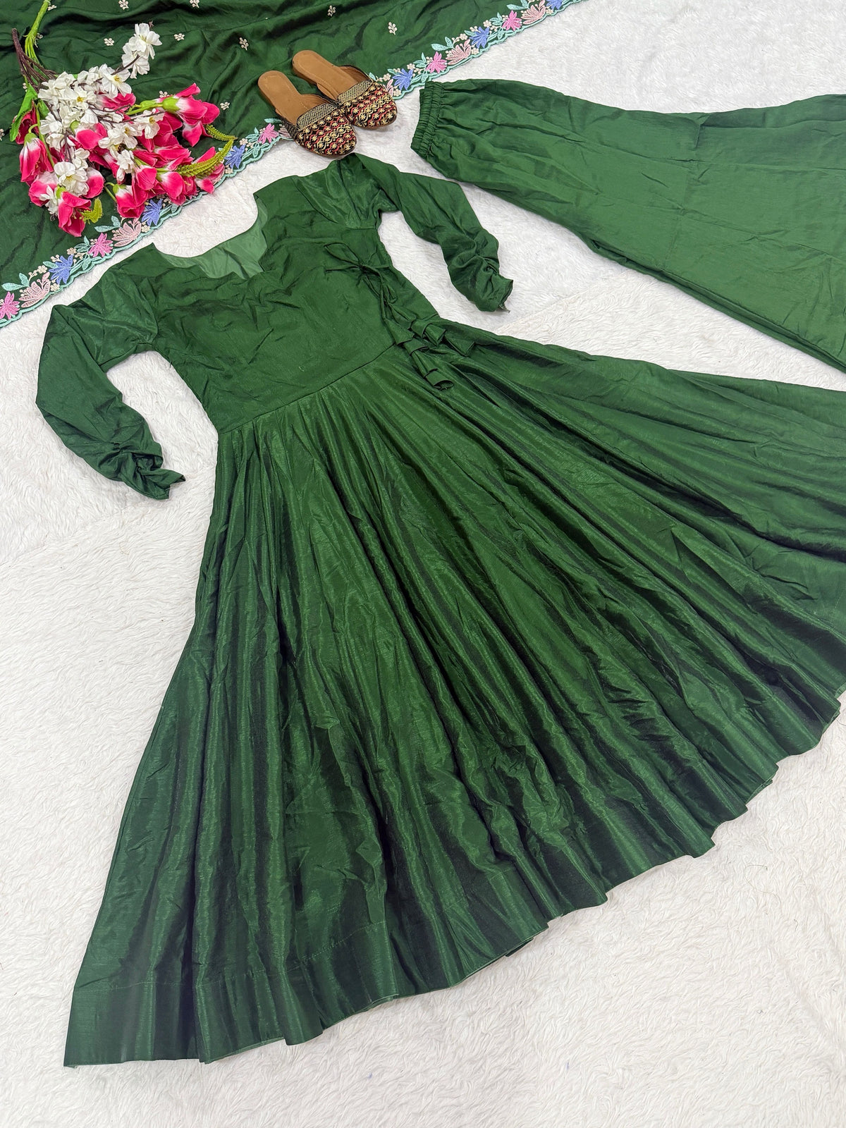 Bottle Green Vichitra Silk Embroidered Anarkali Suit Set with Palazzo & Dupatta